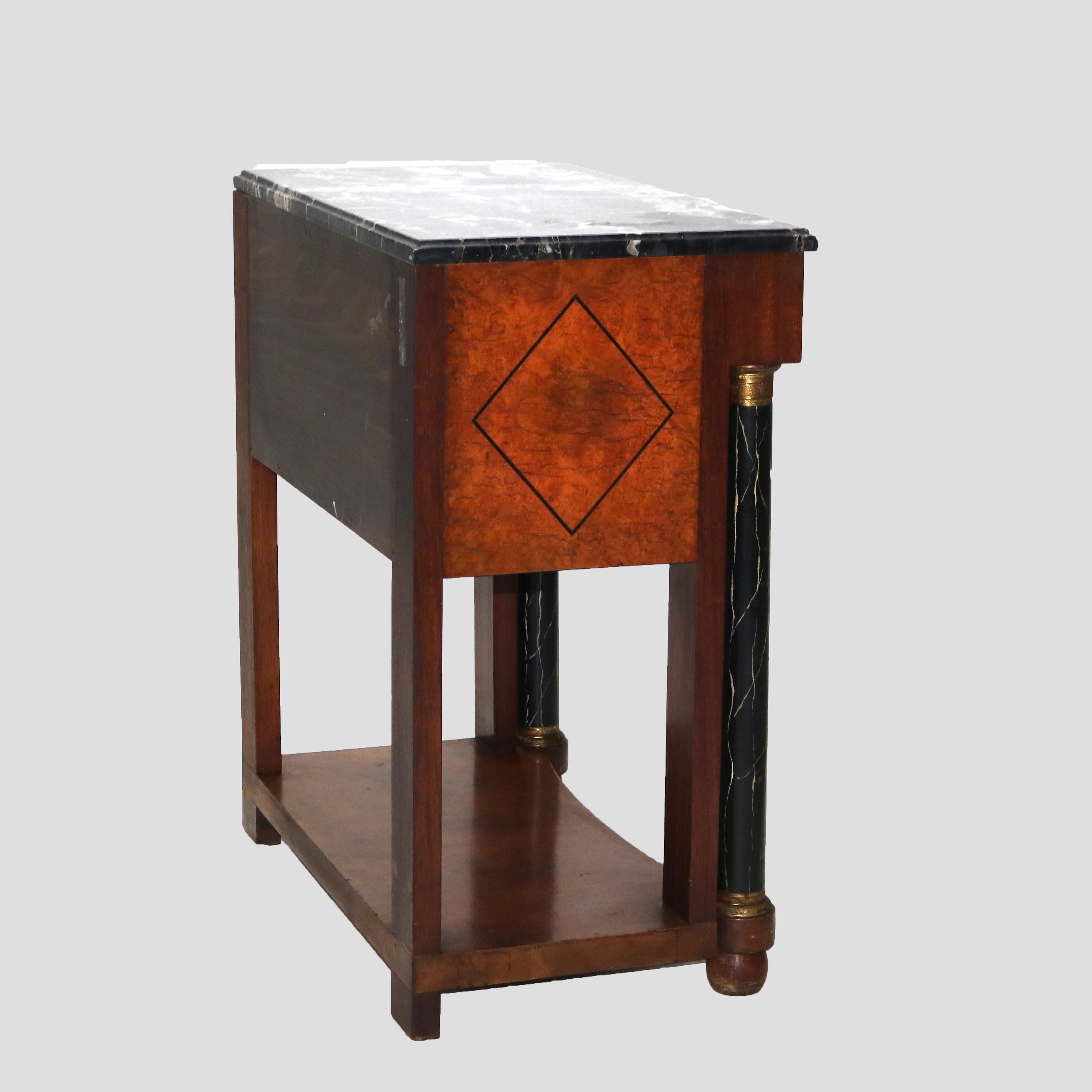 Biedermeier Three Drawer Burl, Faux Painted & Ebonized Marble Top Stand c1920 For Sale 7