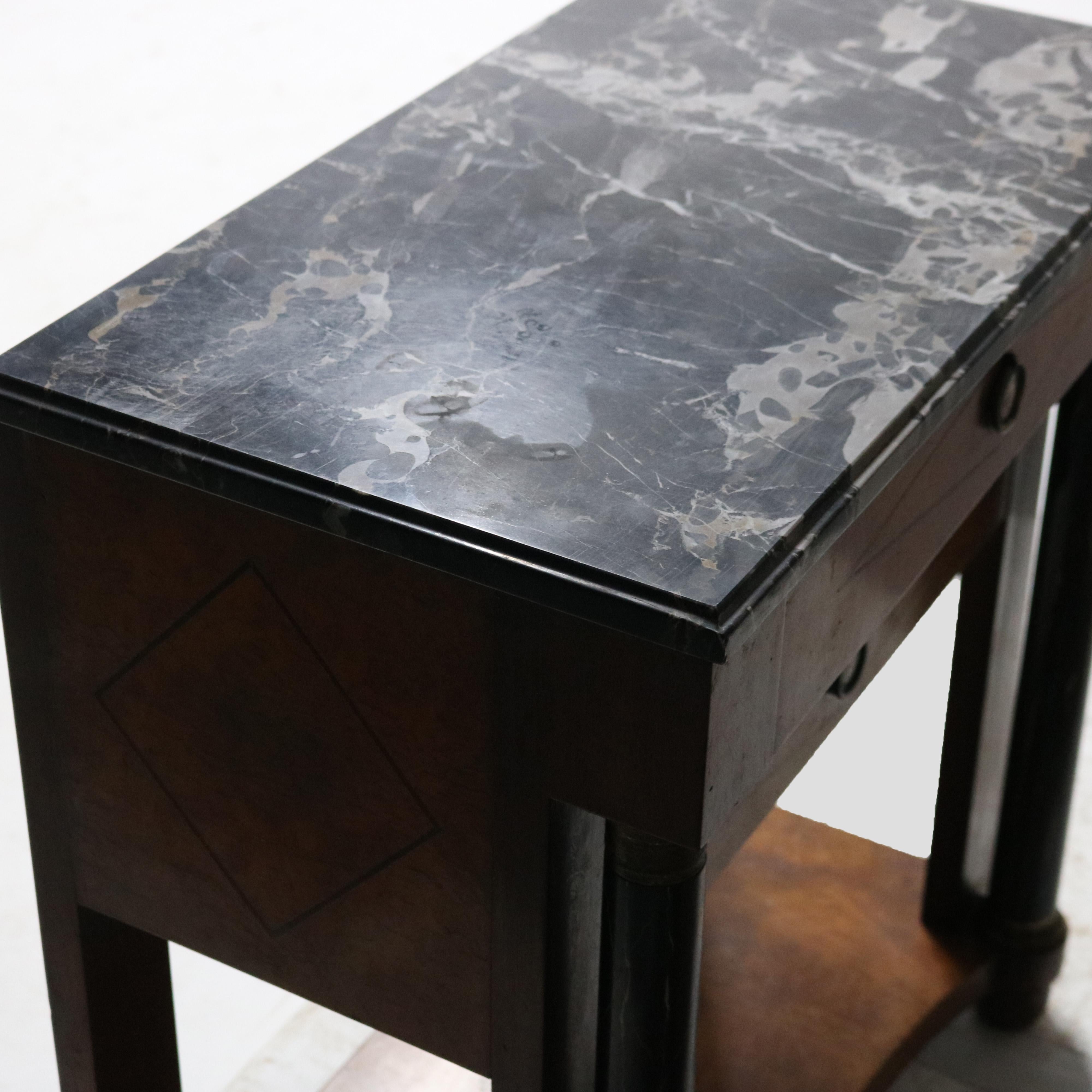 Biedermeier Three Drawer Burl, Faux Painted & Ebonized Marble Top Stand c1920 For Sale 8