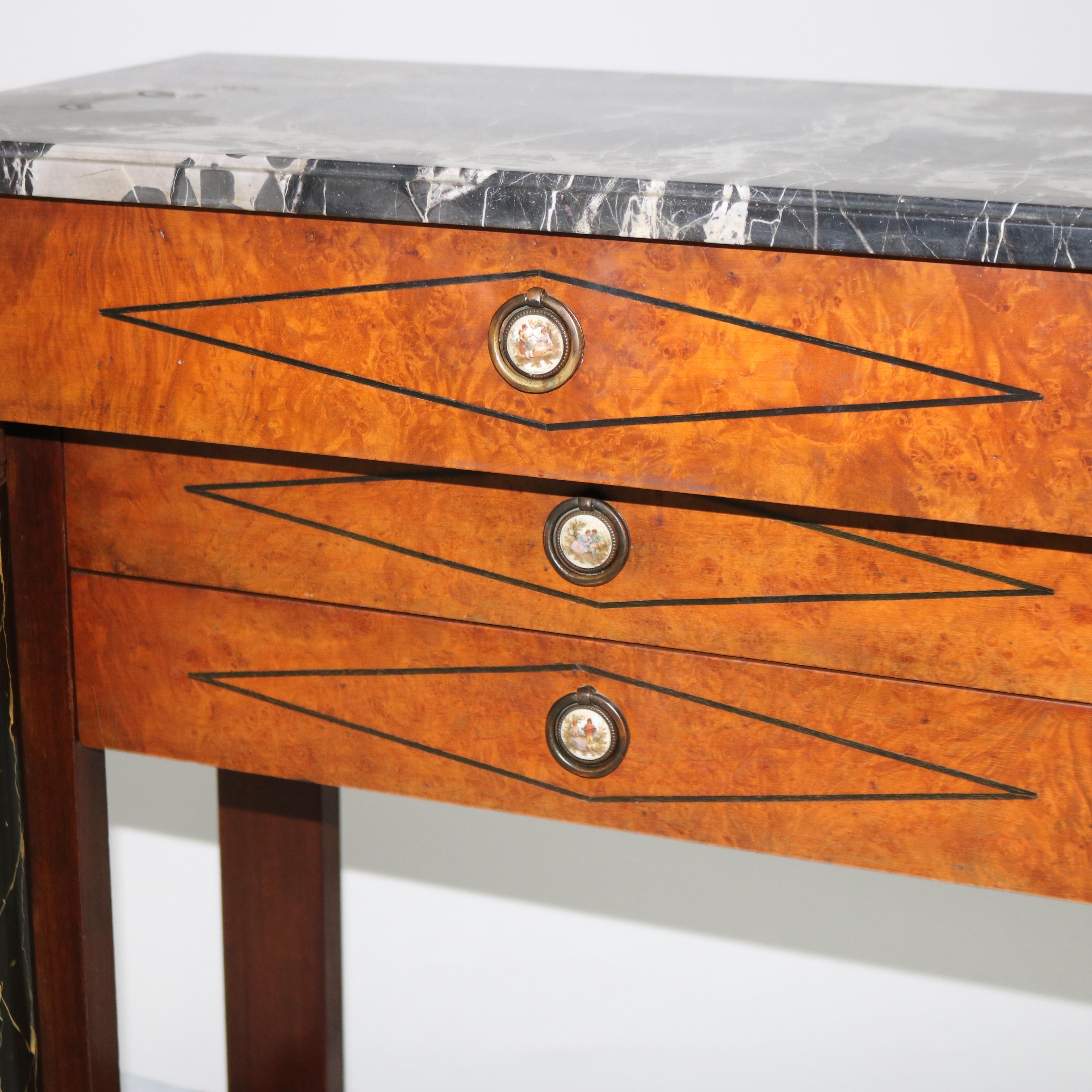 ***Reduced In-House Delivery Rates - Click on “Ask Seller” to Request a Quote***

Antique Biedermeier Three Drawer Burl & Ebonized Console Stand with Faux Painted Full columns and Marble Top c1920

Measures - 29 1/8