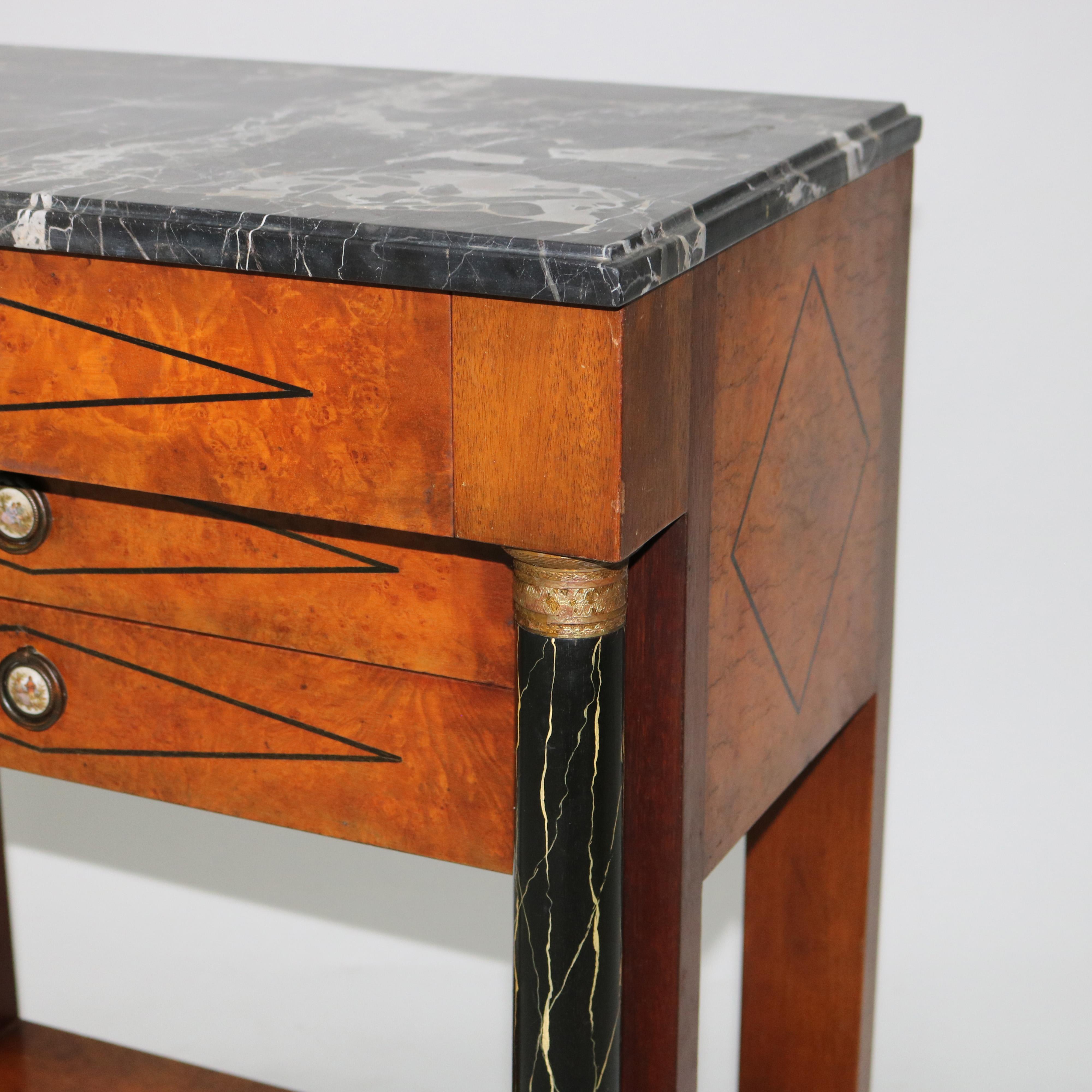20th Century Biedermeier Three Drawer Burl, Faux Painted & Ebonized Marble Top Stand c1920 For Sale