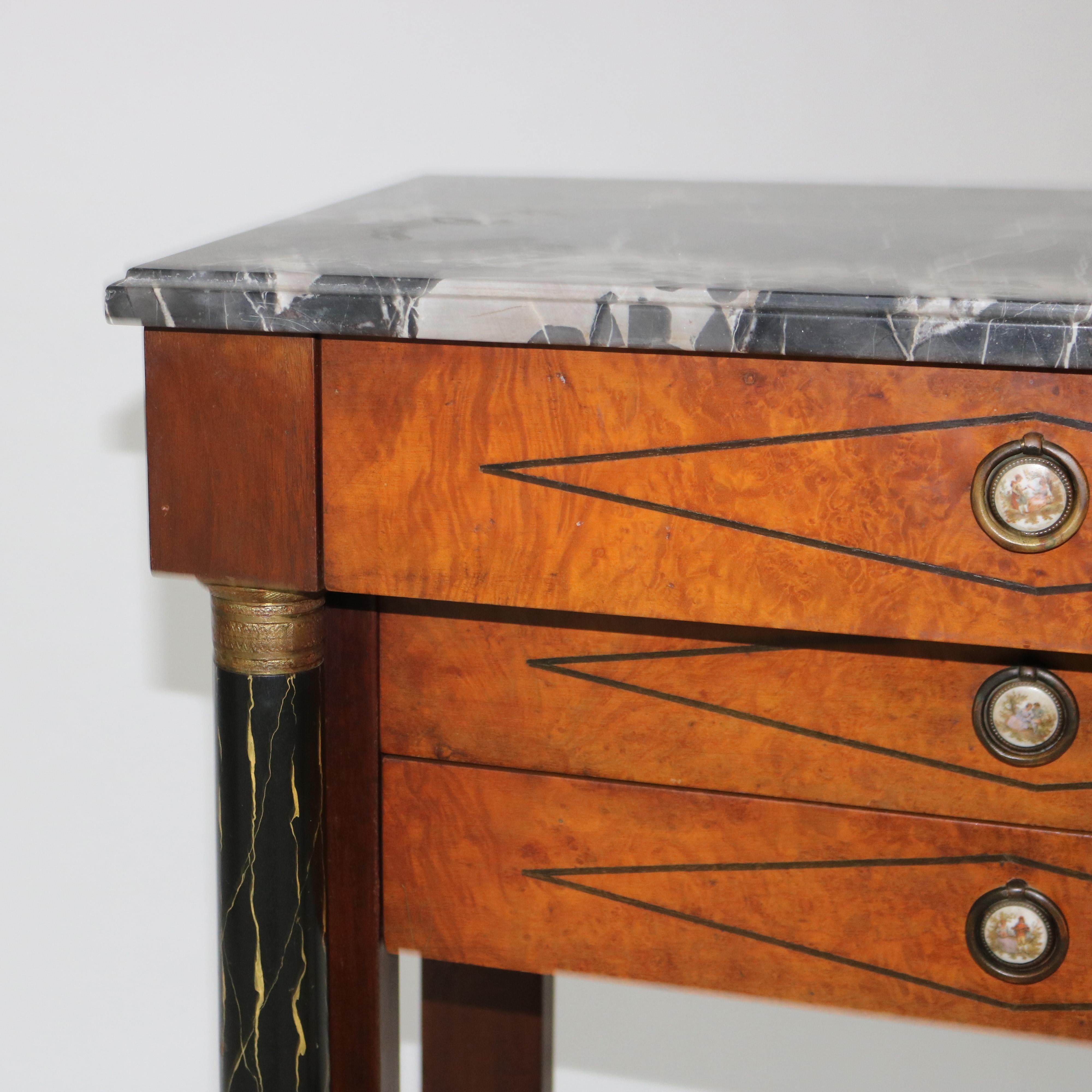 Biedermeier Three Drawer Burl, Faux Painted & Ebonized Marble Top Stand c1920 For Sale 1