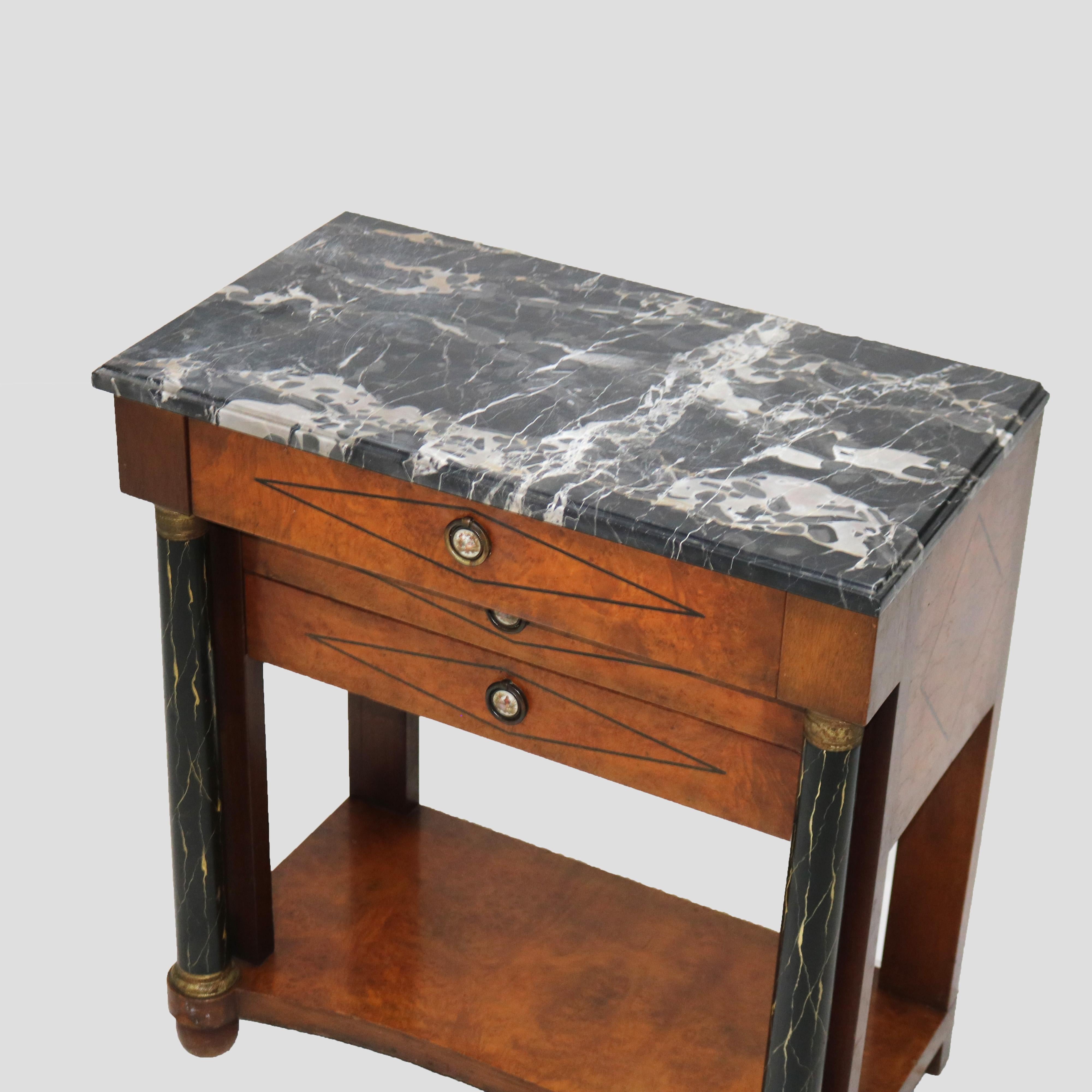 Biedermeier Three Drawer Burl, Faux Painted & Ebonized Marble Top Stand c1920 For Sale 2