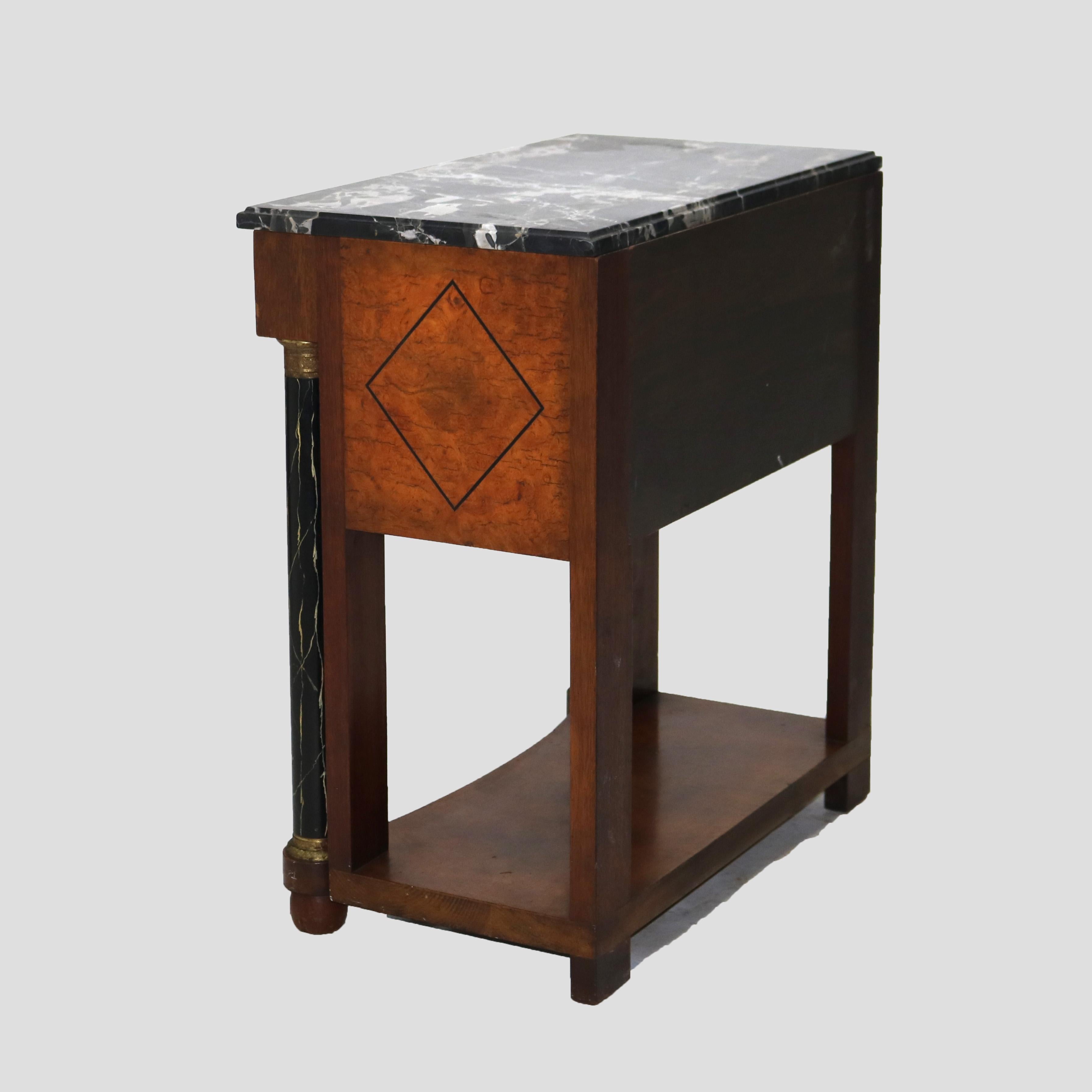 Biedermeier Three Drawer Burl, Faux Painted & Ebonized Marble Top Stand c1920 For Sale 4