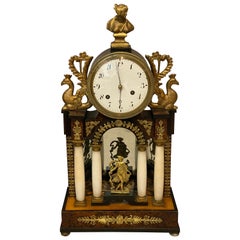 Antique Biedermeier Walnut and Alabaster Mantle Clock