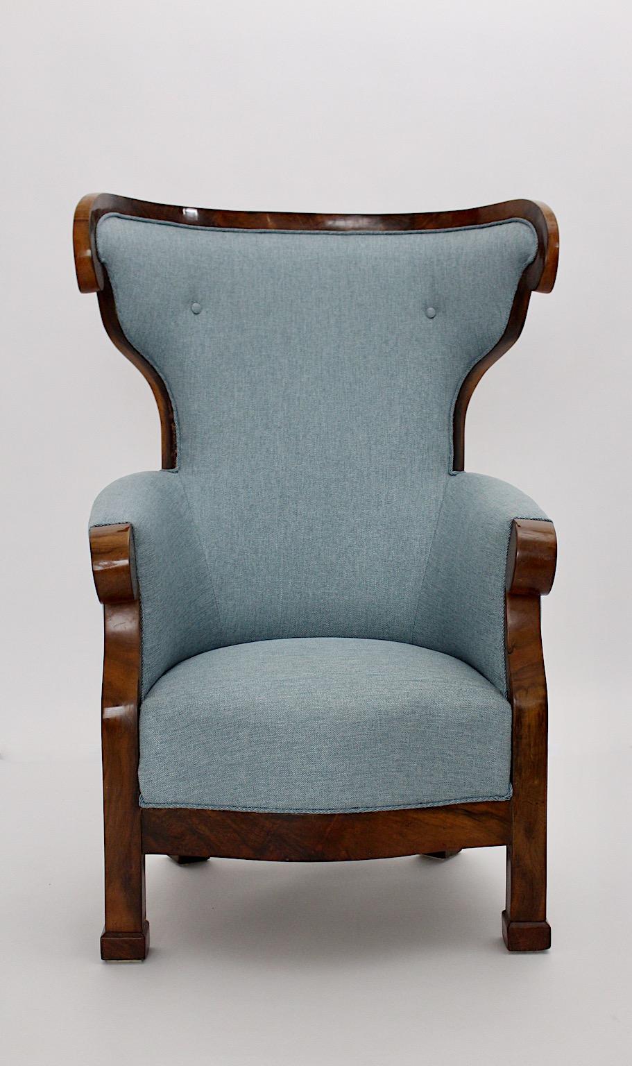 Biedermeier Walnut Blue Fabric Vintage Wingback Chair Armchair Vienna circa 1925 For Sale 2