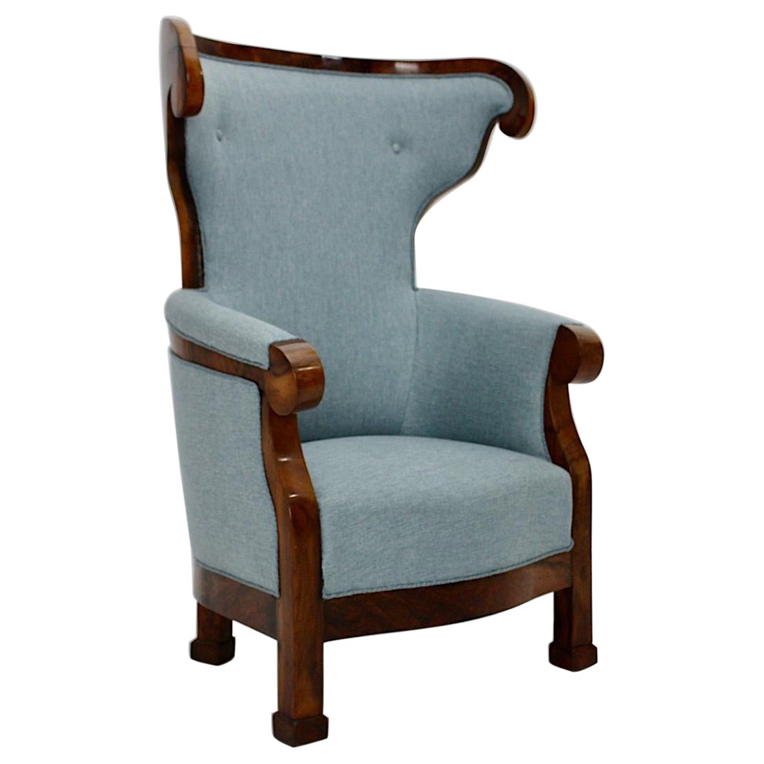 Biedermeier Nogal Tela Azul Silla Wingback Vintage Sillón Viena circa 1925