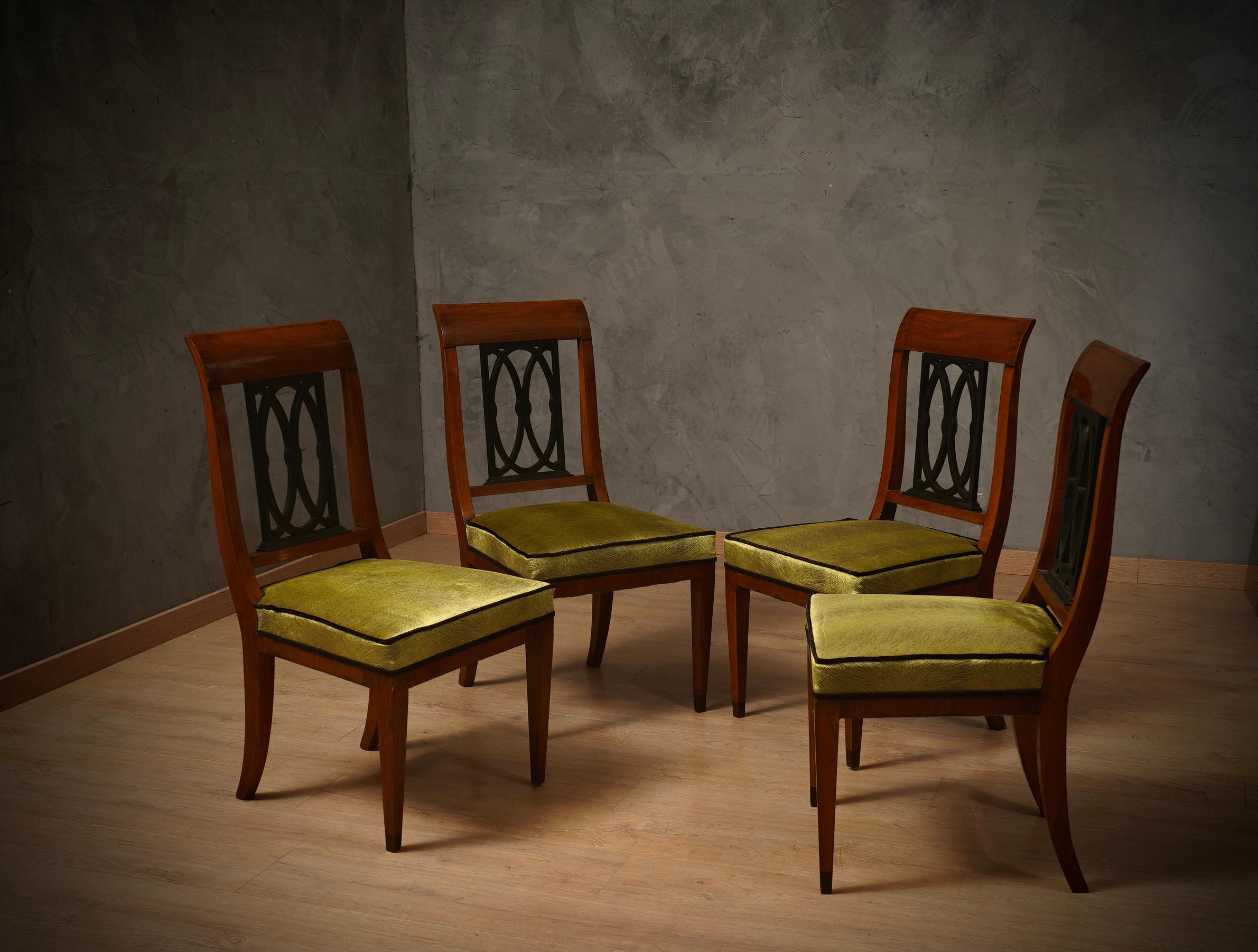 Mid-Century Modern In The Style Biedermeier Walnut Brass and Velvet Dinning Room Chairs, 1940