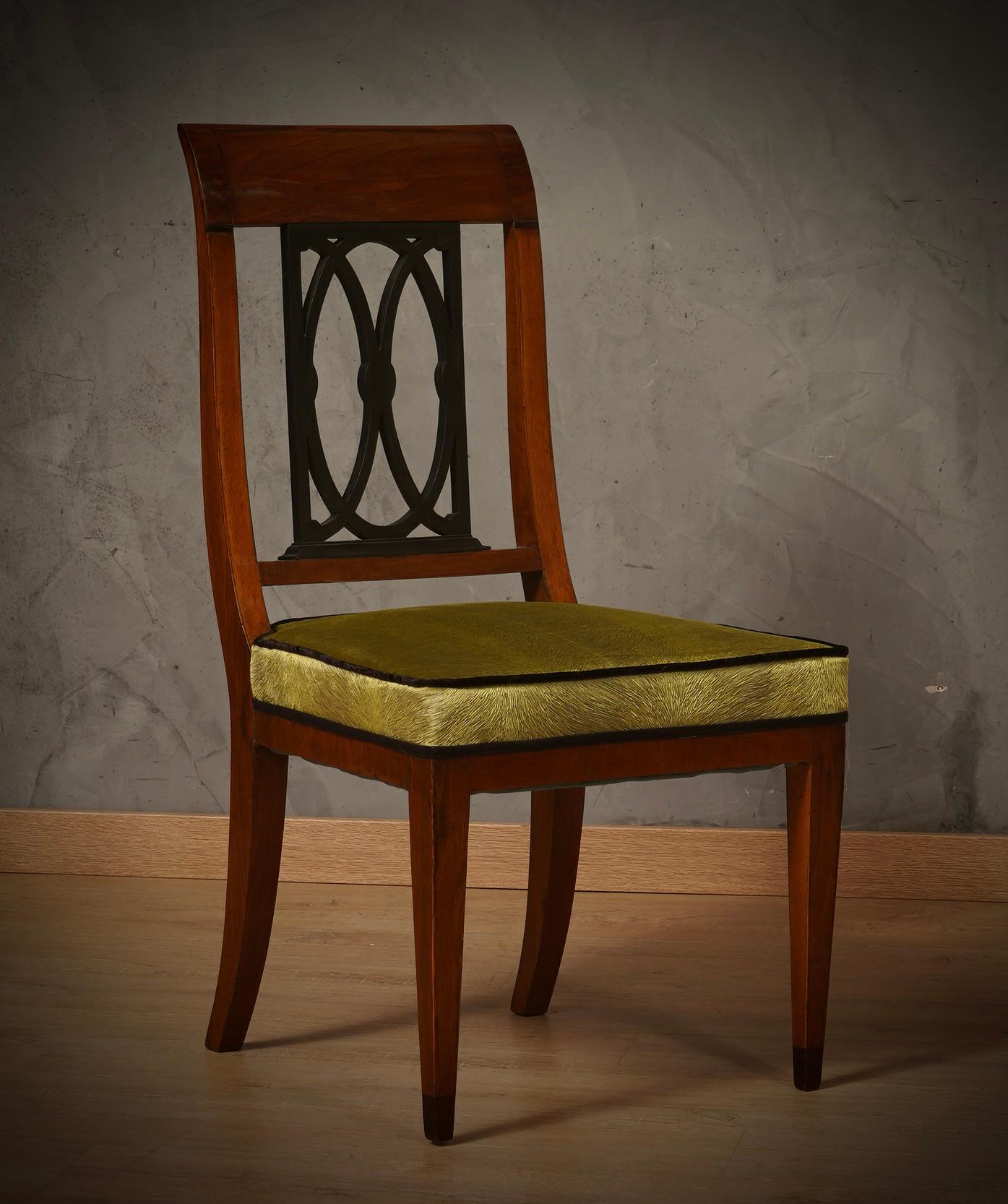 In The Style Biedermeier Walnut Brass and Velvet Dinning Room Chairs, 1940 1