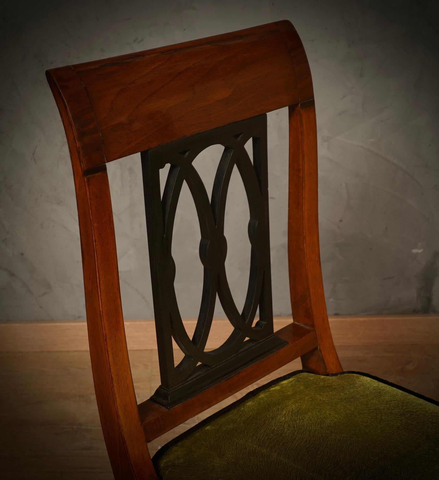 In The Style Biedermeier Walnut Brass and Velvet Dinning Room Chairs, 1940 3