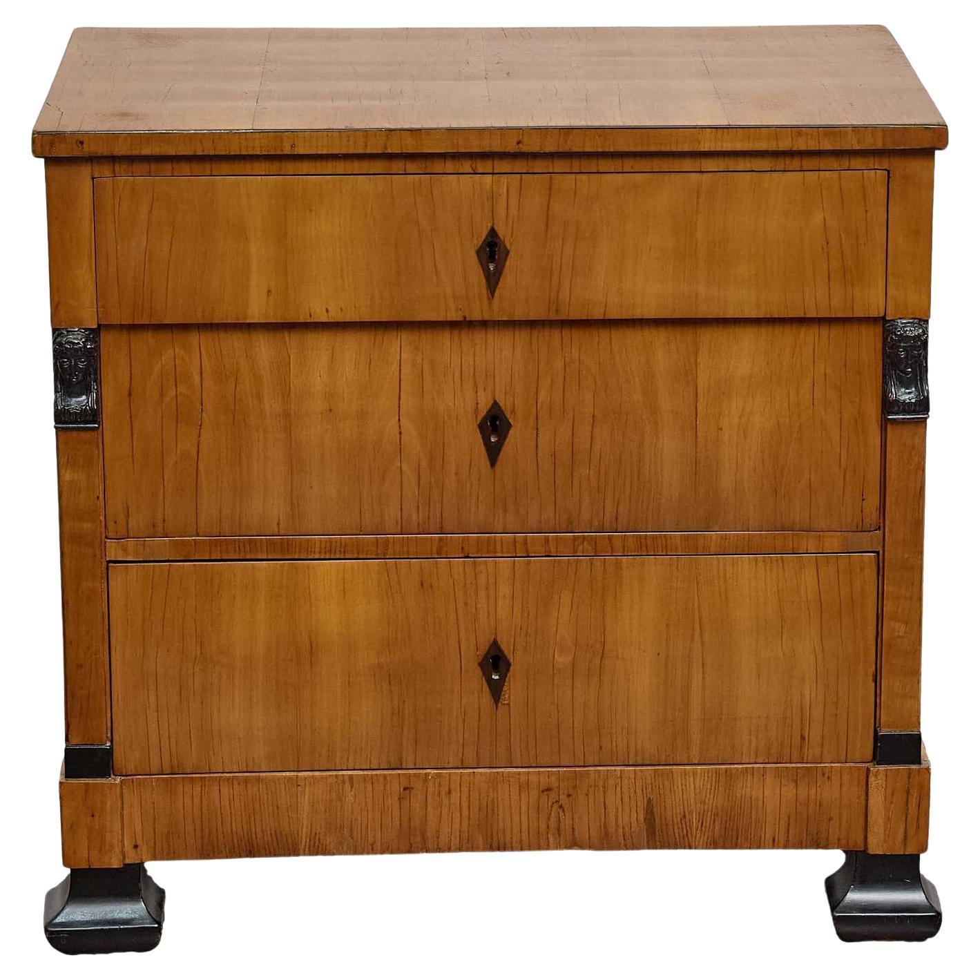Cassapanca in noce Biedermeier con accenti ebanizzati e supporti figurativi, XIX secolo in vendita