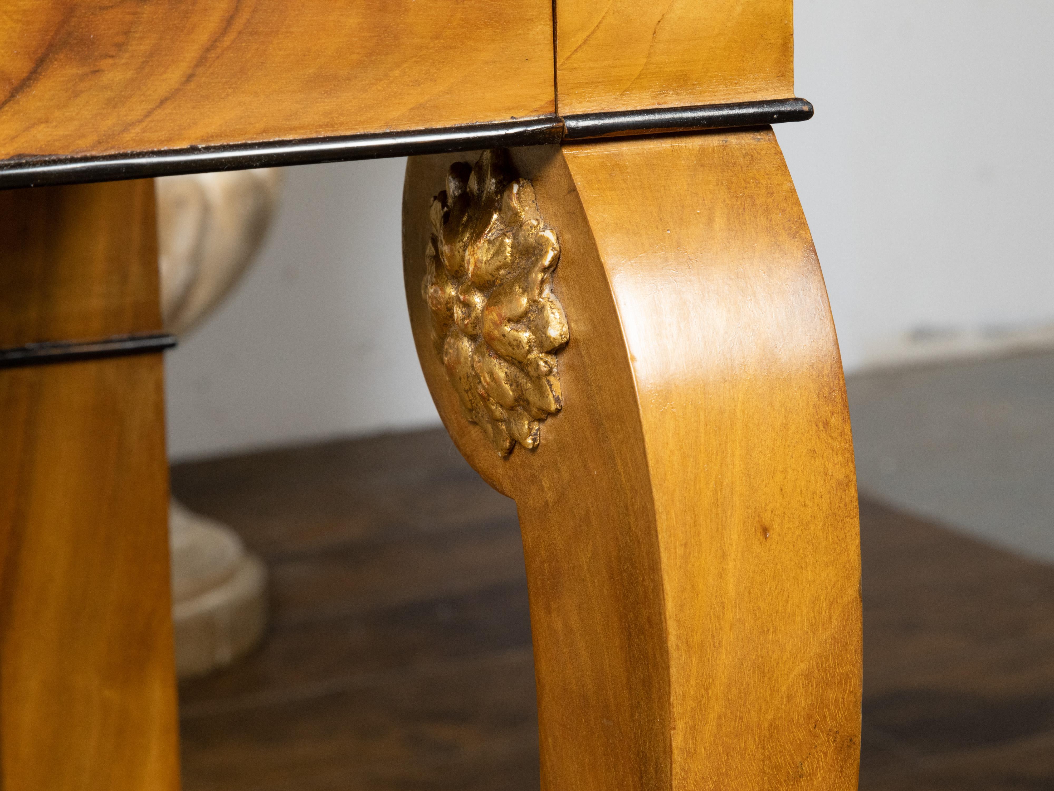 Biedermeier Walnut Console Table with Large Volutes, Pilasters and Gilt Accents For Sale 7