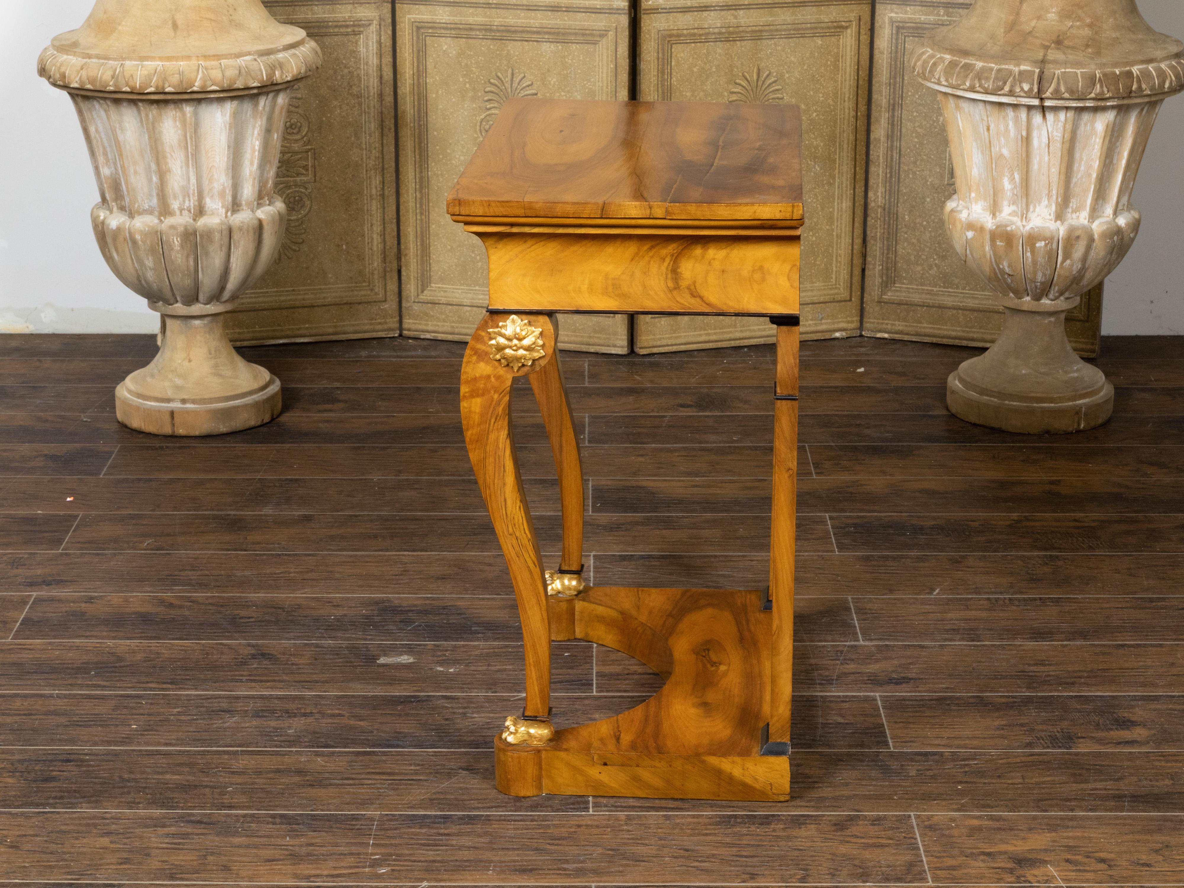 Carved Biedermeier Walnut Console Table with Large Volutes, Pilasters and Gilt Accents For Sale