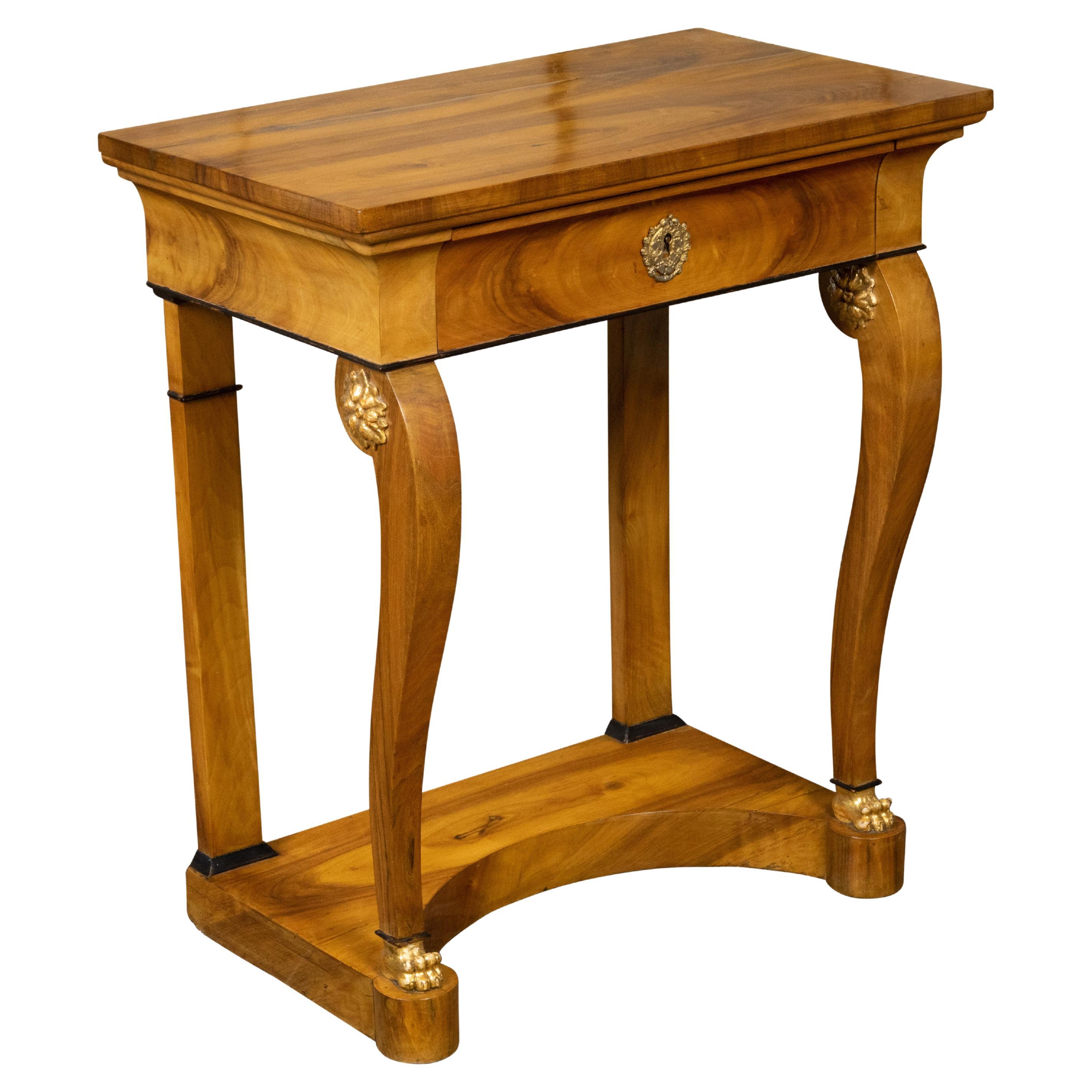 Biedermeier Walnut Console Table with Large Volutes, Pilasters and Gilt Accents For Sale