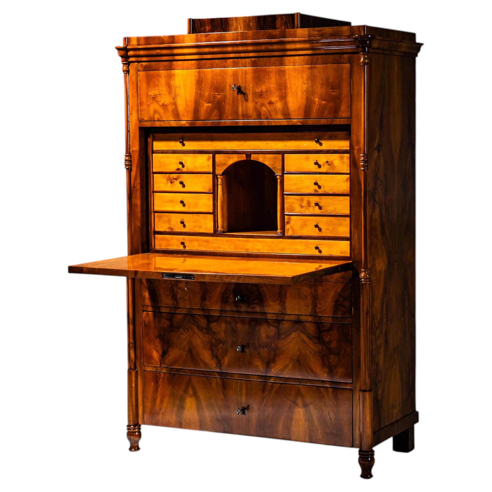 Biedermeier Walnut Secretary Desk, Veneered, Restored, Circa 1840