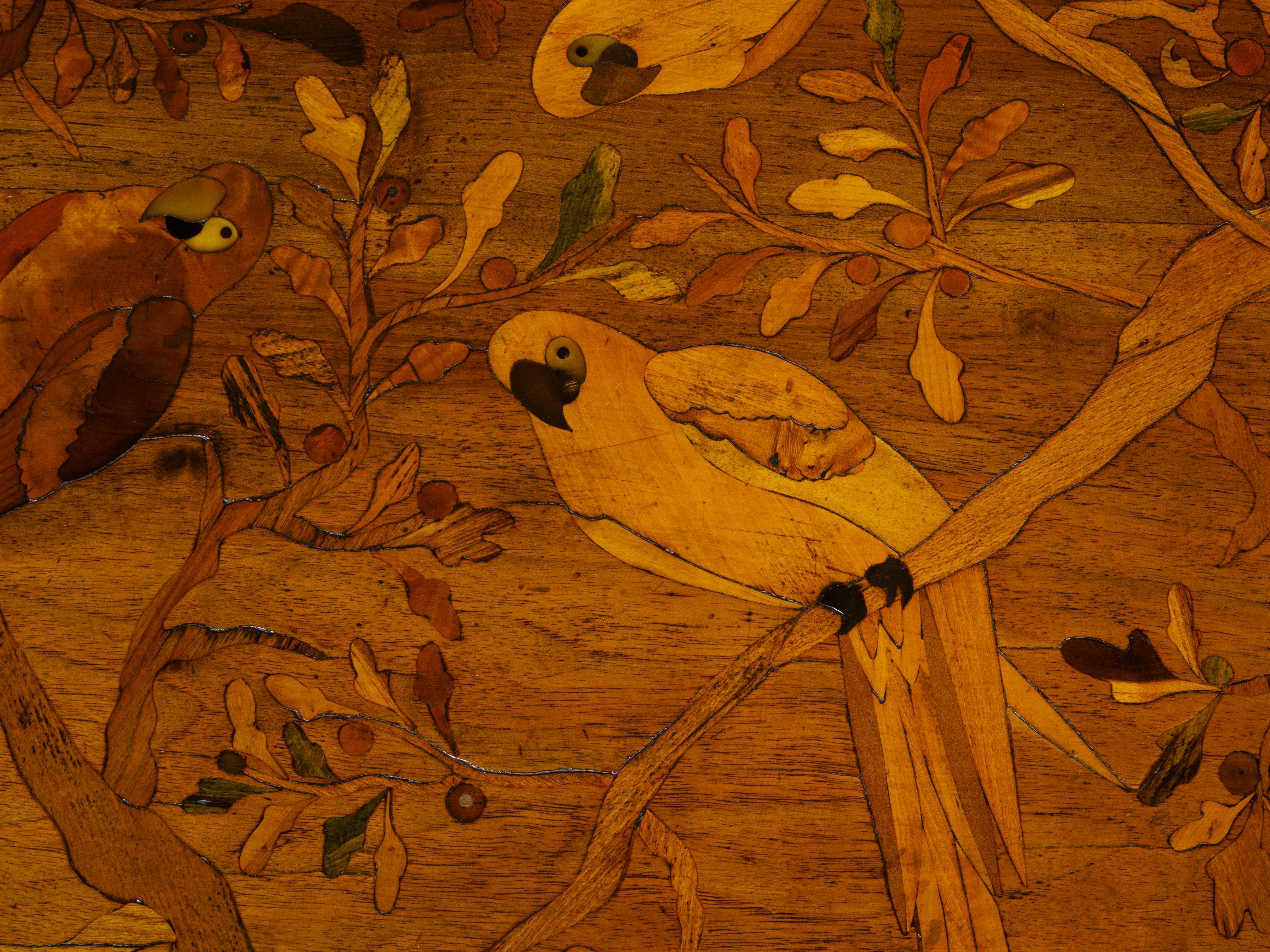 Austrian Biedermeier Walnut Side Table with Parrots in Branches Marquetry from Vienna