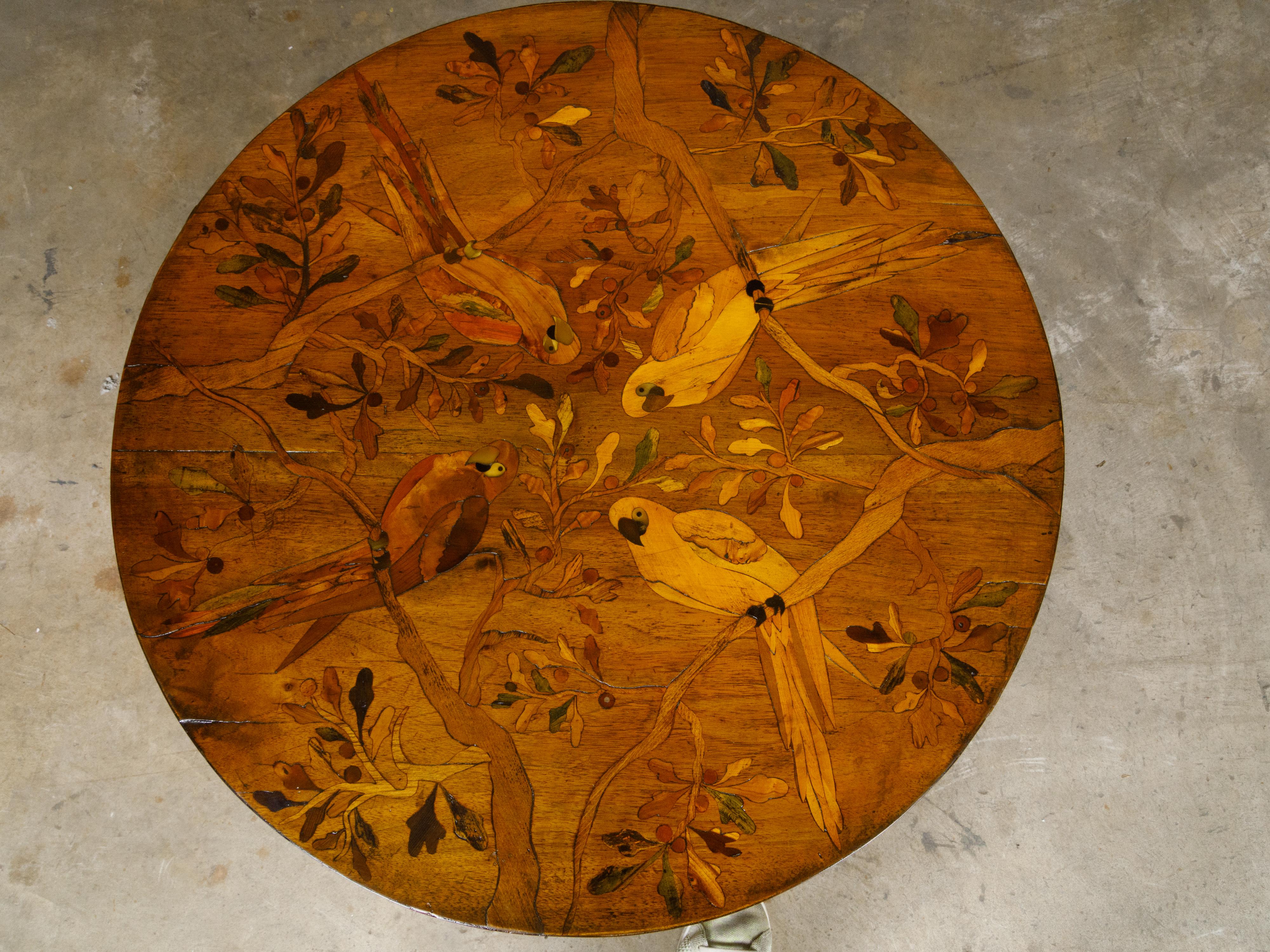Biedermeier Walnut Side Table with Parrots in Branches Marquetry from Vienna In Good Condition In Atlanta, GA