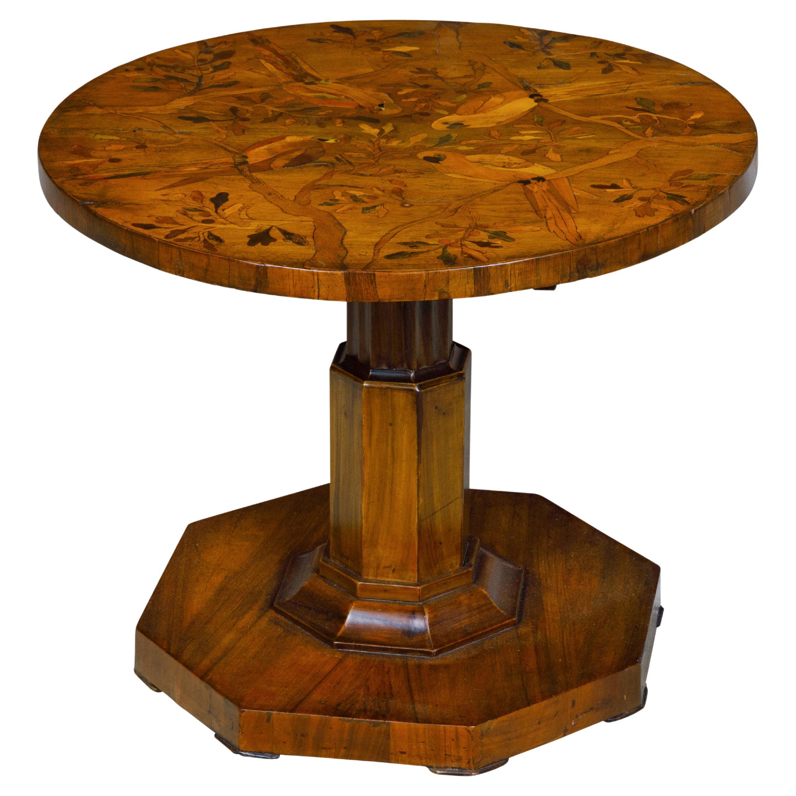 Biedermeier Walnut Side Table with Parrots in Branches Marquetry from Vienna