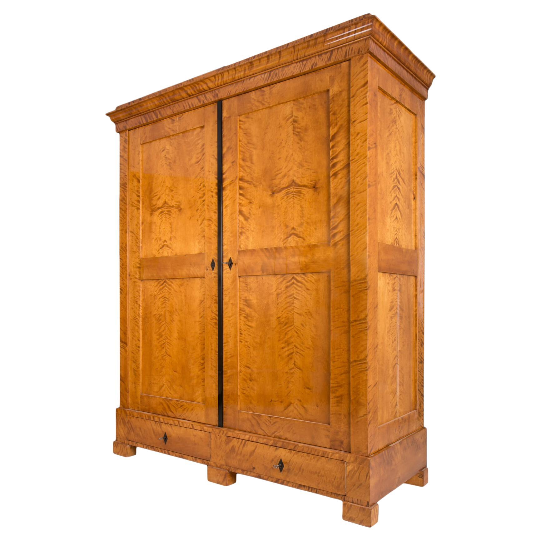 Biedermeier Wardrobe in Flame Birch Veneer, Germany, 19th Century