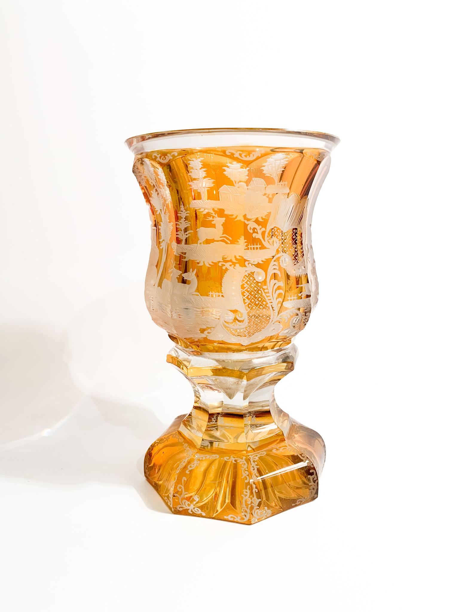 Yellow Biedermeier crystal glass, acid decorated and made in 1800

Ø cm 10 h cm 17,5

Biedermeier is was an artistic movement that developed between 1815 and 1848. The term initially spread as a derogatory term. Consisting of two words: the
