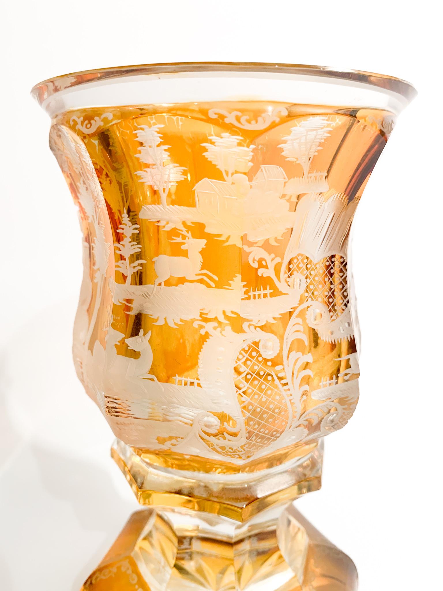 German Biedermeier Yellow Crystal Glass with Acid Decoration from the 19th Century