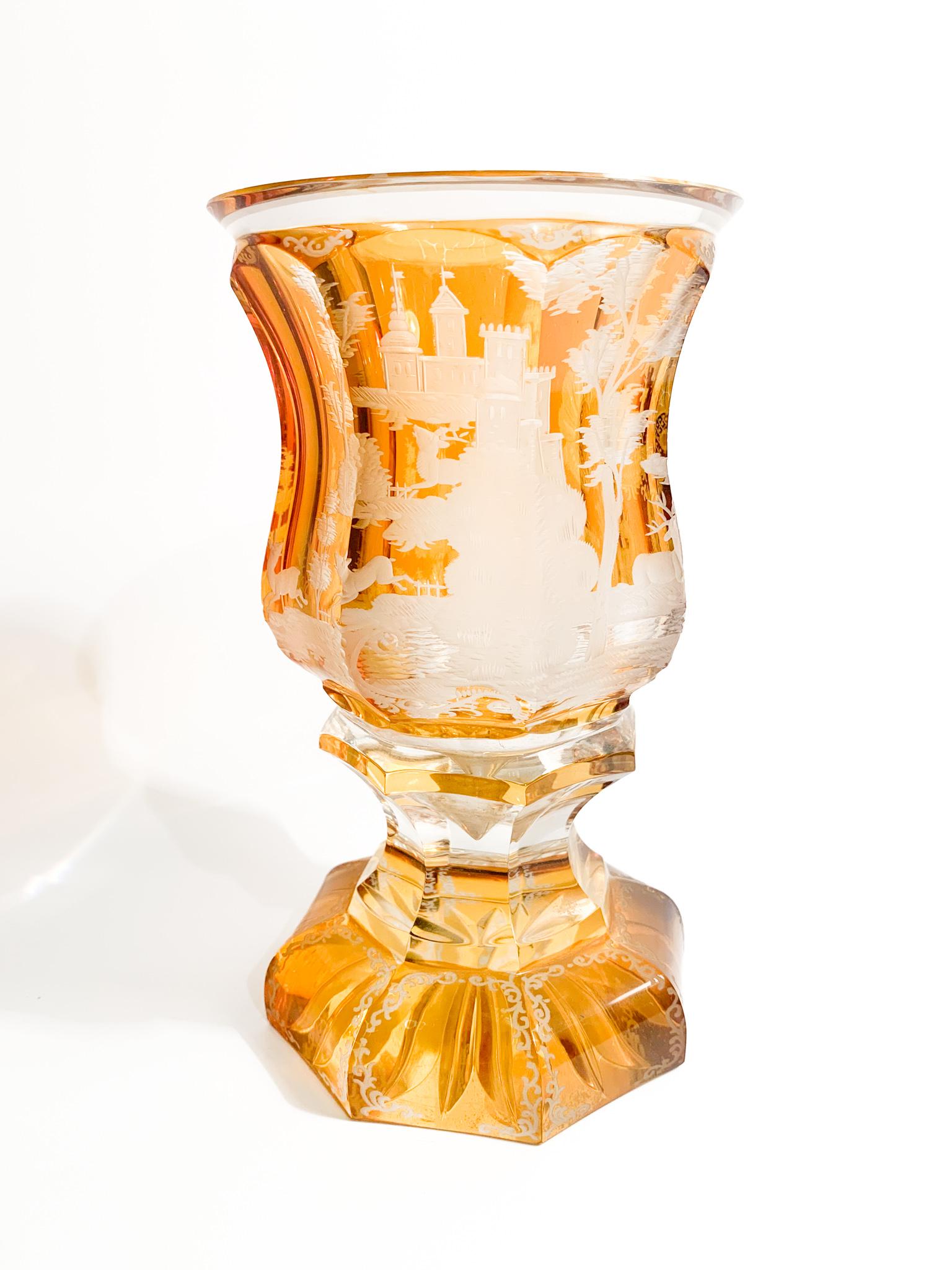 Late 19th Century Biedermeier Yellow Crystal Glass with Acid Decoration from the 19th Century