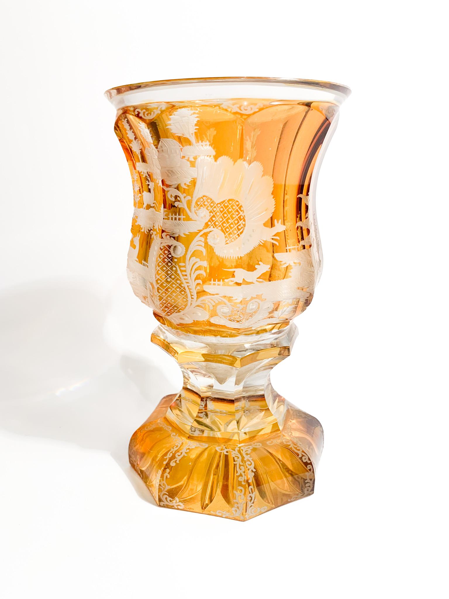 Biedermeier Yellow Crystal Glass with Acid Decoration from the 19th Century 3