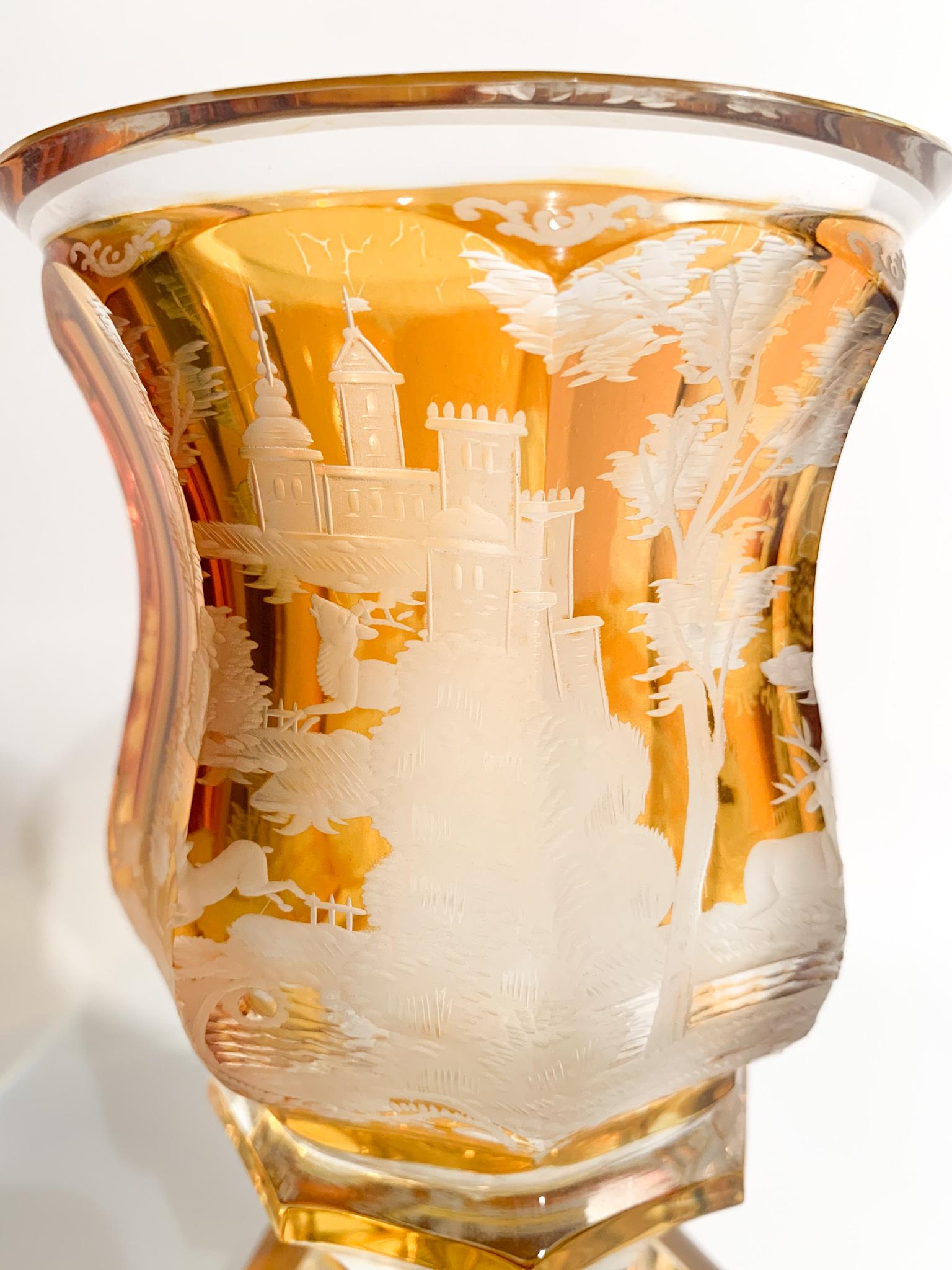 Biedermeier Yellow Crystal Glass with Acid Decoration from the 19th Century 4