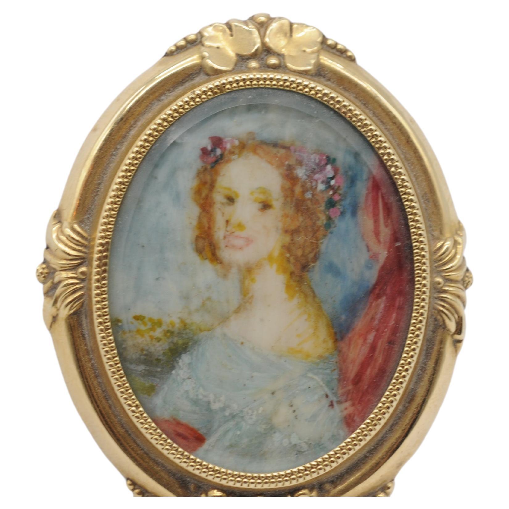 Biedermeir brooch 14k gold with a view of a woman For Sale 3