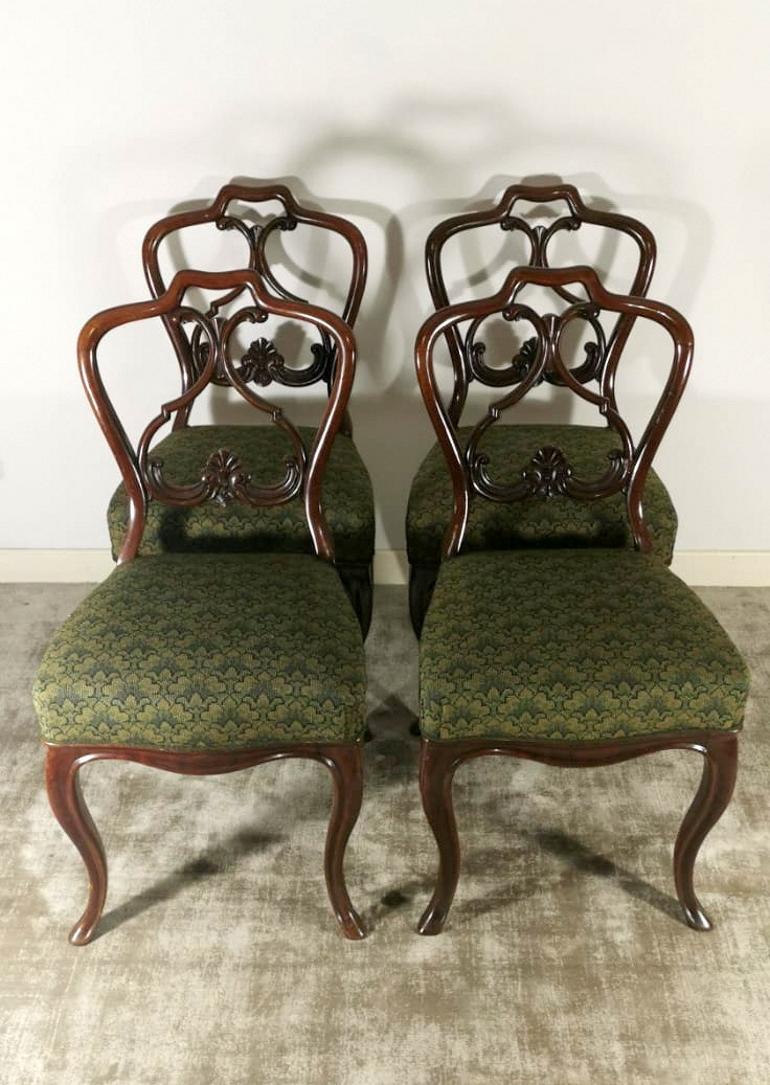 We kindly suggest you read the whole description, because with it we try to give you detailed technical and historical information to guarantee the authenticity of our objects.
Four elegant mahogany chairs made in Denmark between 1850 and 1855 in