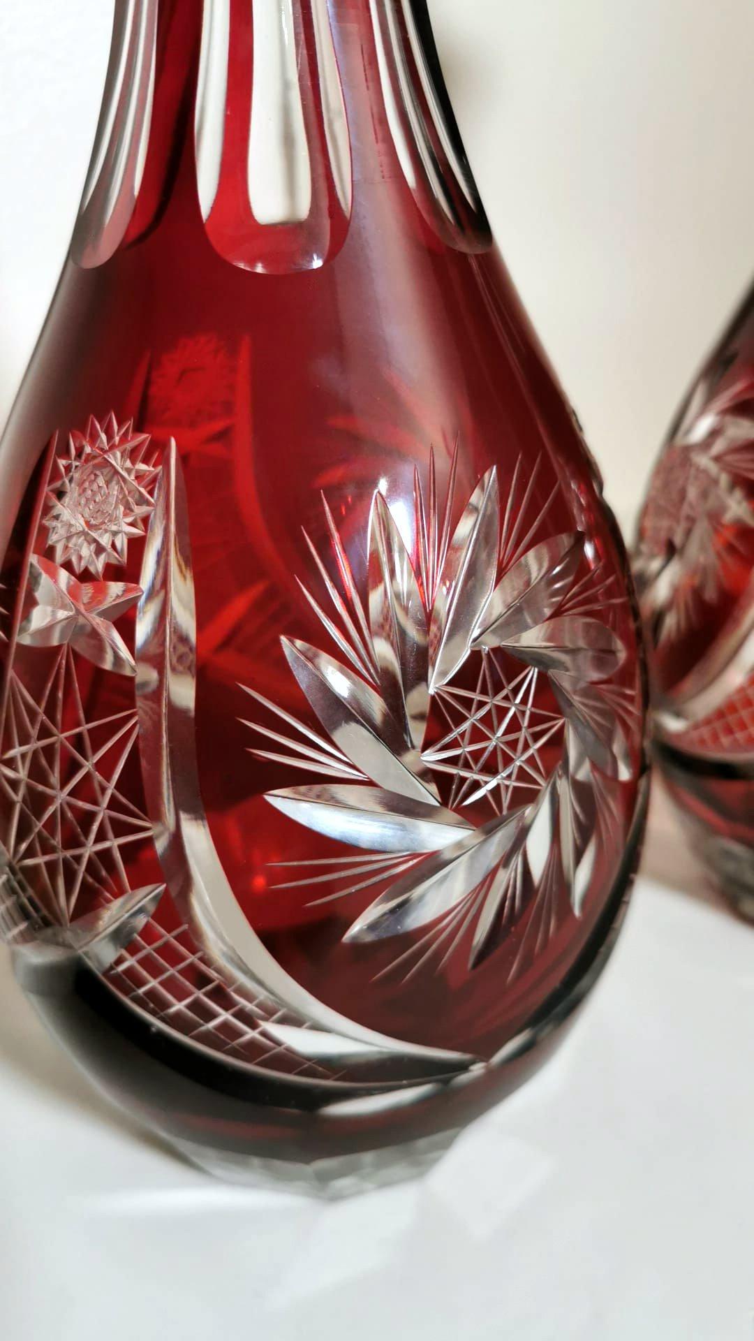 Biedermeir Style Bohemia Pair of Ruby Red Crystal Bottles Cut and Grinded For Sale 2