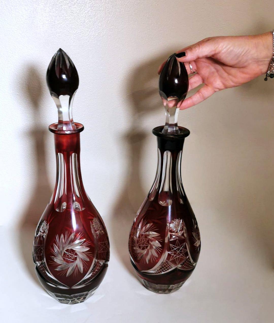 Biedermeir Style Bohemia Pair of Ruby Red Crystal Bottles Cut and Grinded For Sale 9