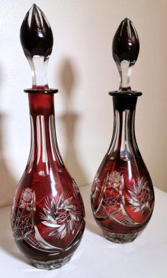 Biedermeir Style Bohemia Pair of Ruby Red Crystal Bottles Cut and Grinded
