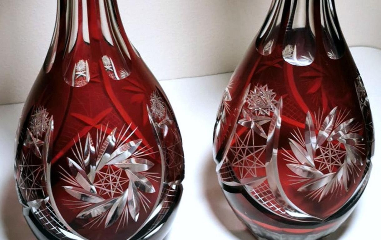 Czech Biedermeir Style Bohemia Pair of Ruby Red Crystal Bottles Cut and Grinded For Sale