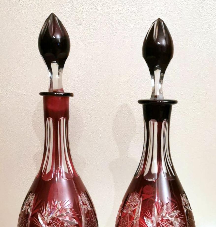Hand-Carved Biedermeir Style Bohemia Pair of Ruby Red Crystal Bottles Cut and Grinded For Sale