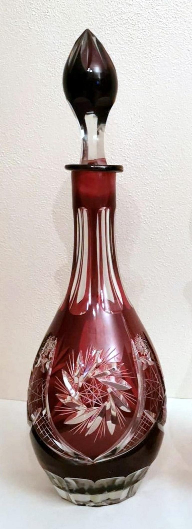 Biedermeir Style Bohemia Pair of Ruby Red Crystal Bottles Cut and Grinded In Good Condition For Sale In Prato, Tuscany