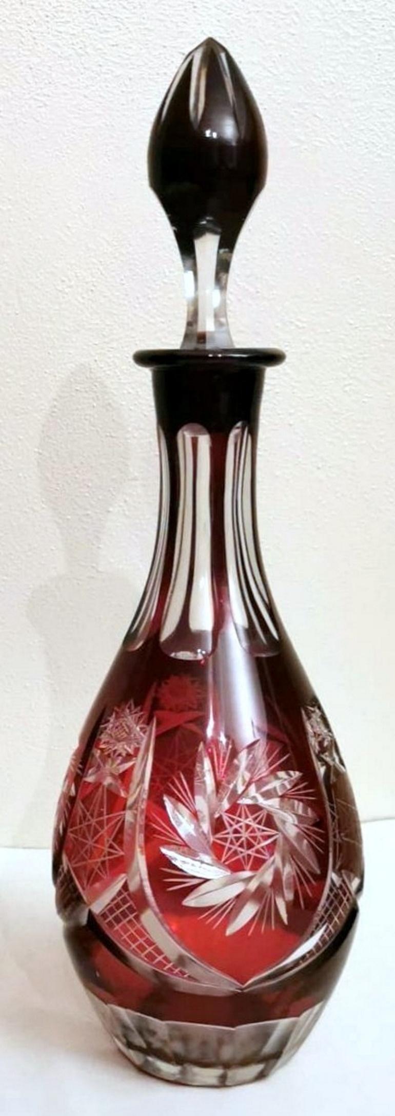 20th Century Biedermeir Style Bohemia Pair of Ruby Red Crystal Bottles Cut and Grinded For Sale