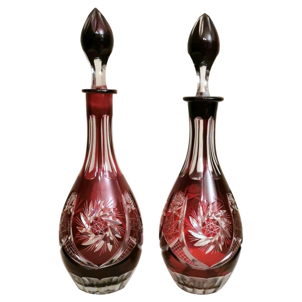 Biedermeir Style Bohemia Pair of Ruby Red Crystal Bottles Cut and Grinded For Sale