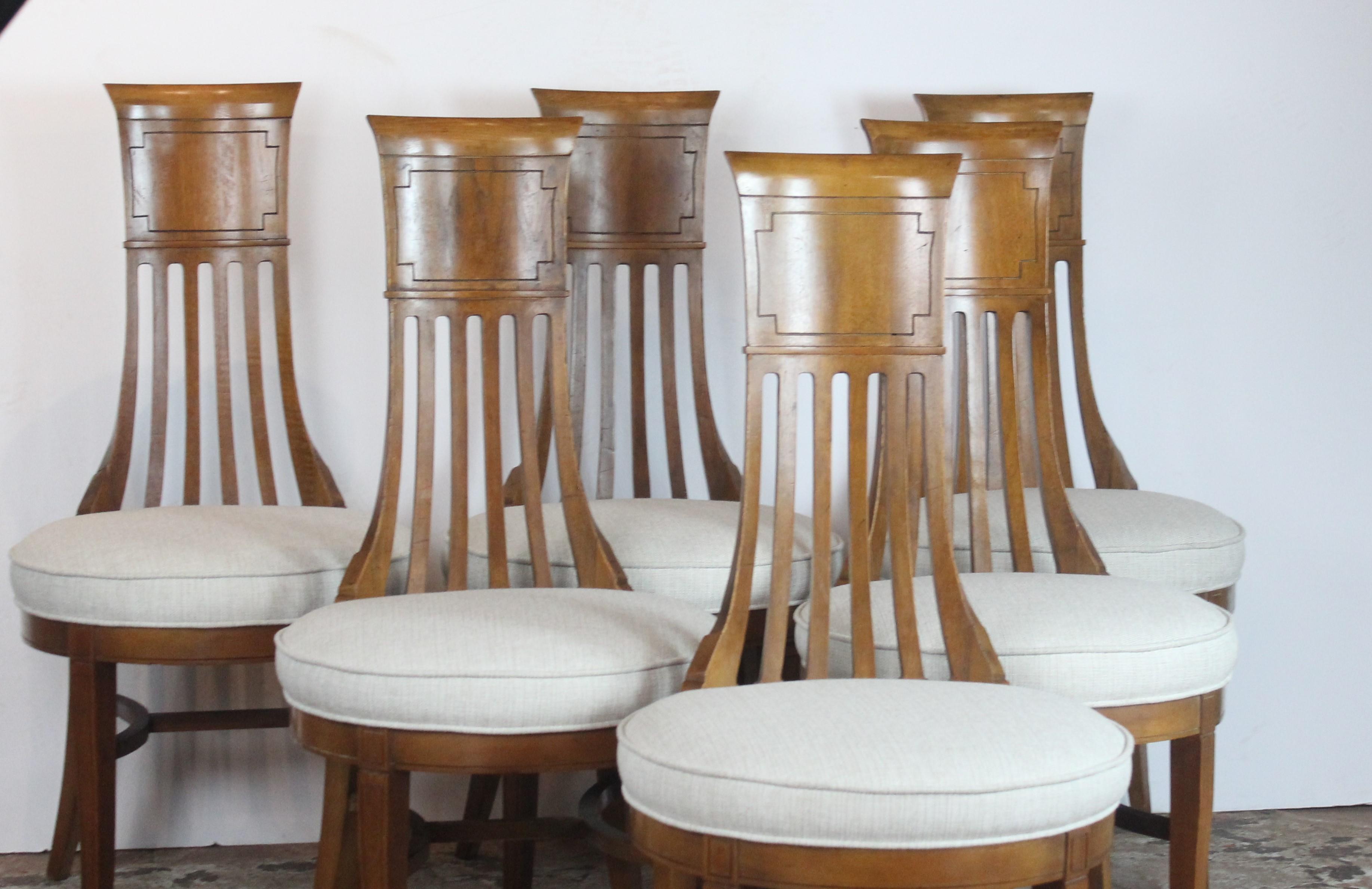 Biedermier style narrow back, round shape seat dining chairs. Newly upholstered.