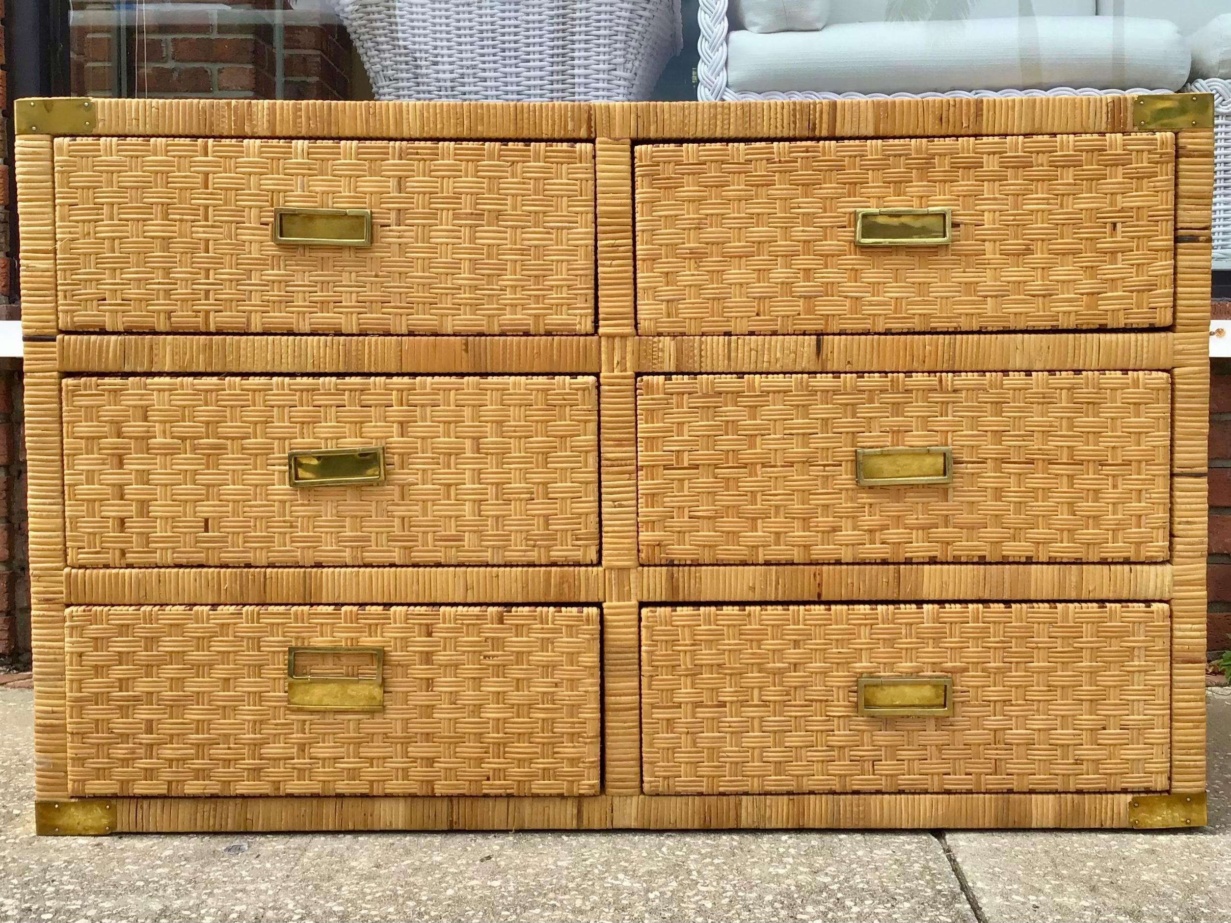 Very cool Bielecky Brothers Boho Chic six drawer double dresser with brass handles and details. Even the back of the chest has added the woven wood design.