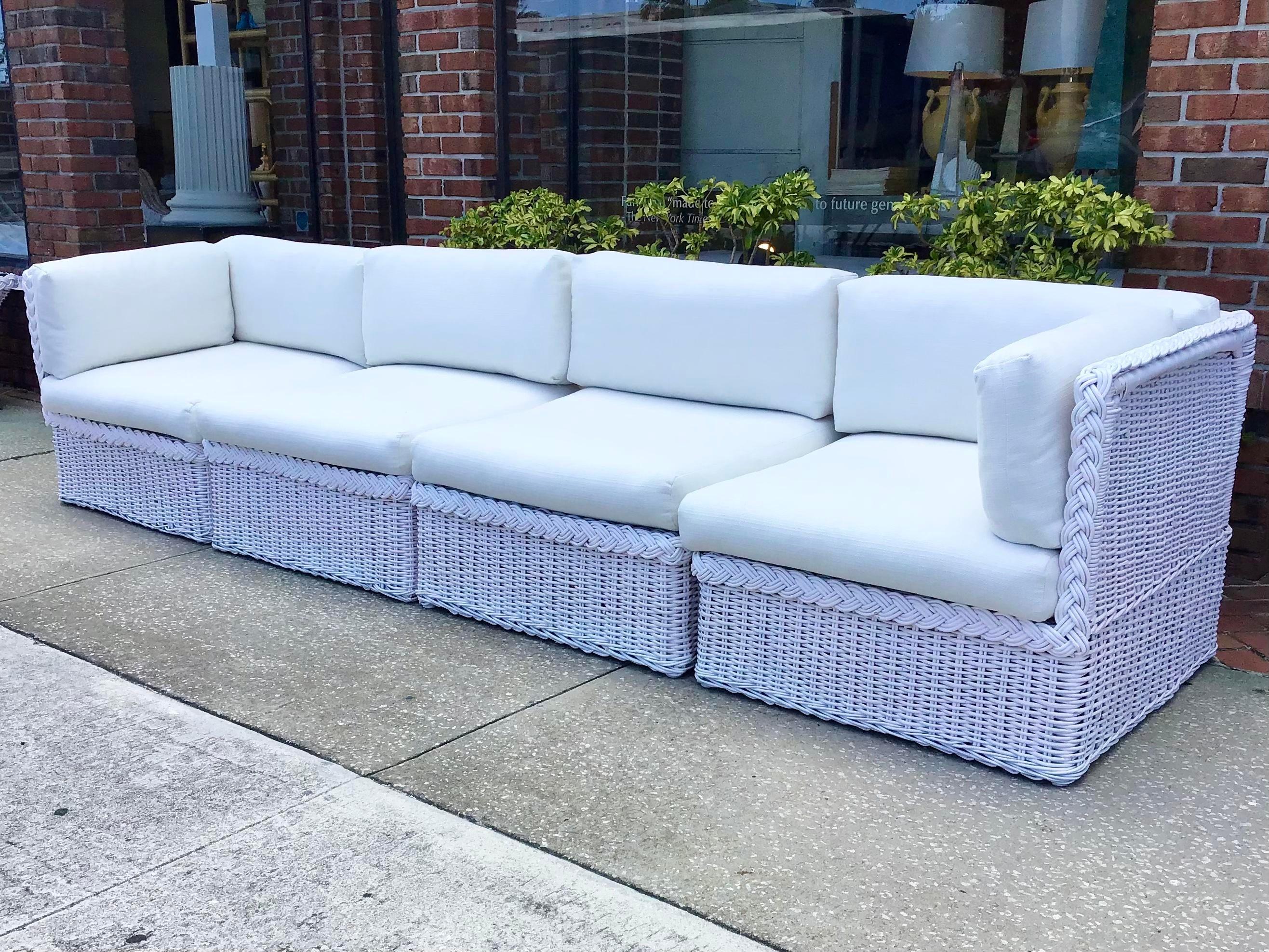 Modern Bielecky Brothers Boho Chic White Rattan Four Piece Modular Sectional