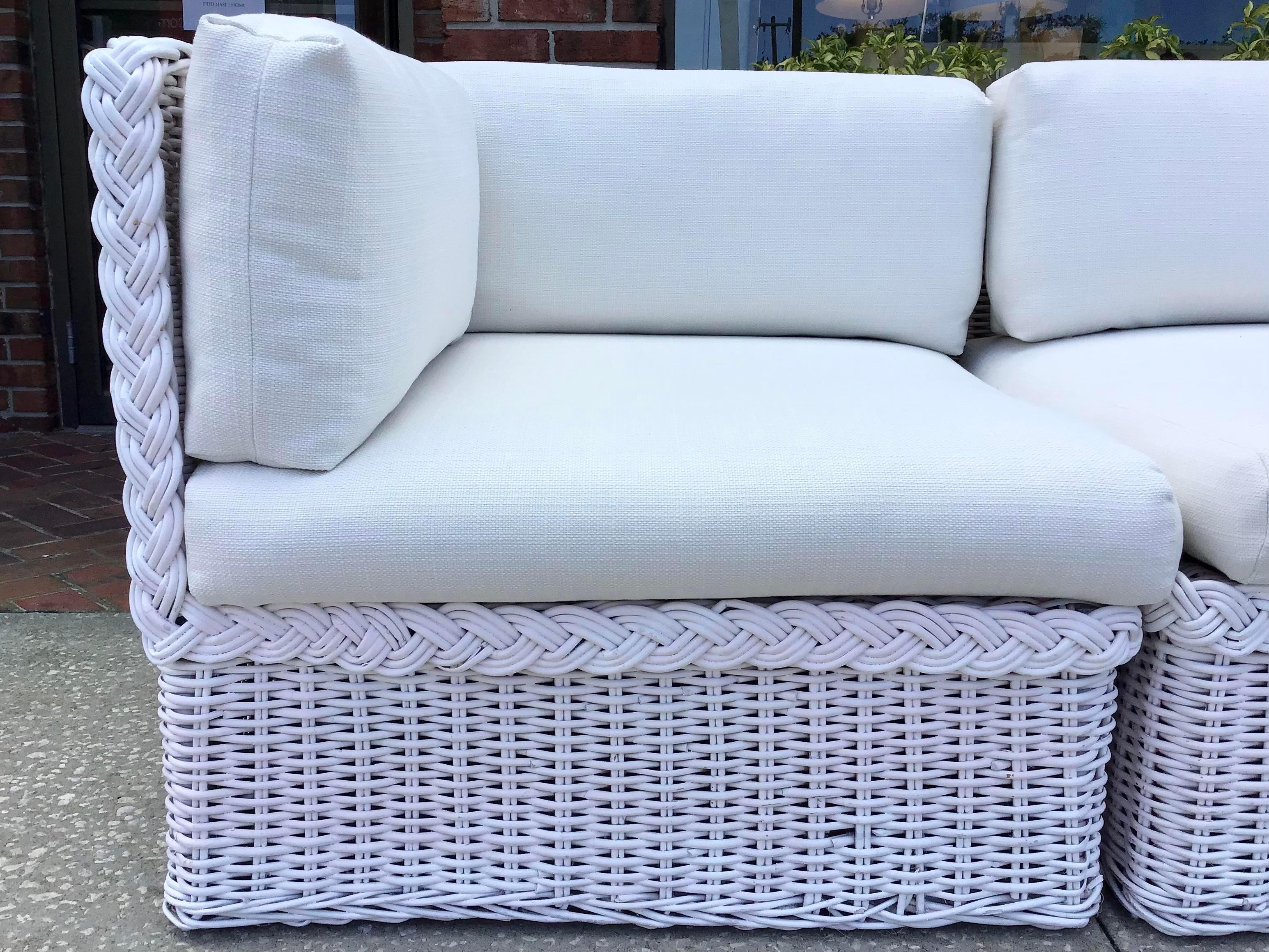 Late 20th Century Bielecky Brothers Boho Chic White Rattan Four Piece Modular Sectional