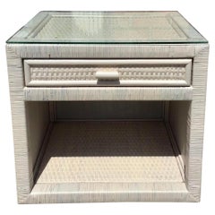 Bielecky Brothers Boho Chic White Washed Finish Rattan Nightstand with a Glass
