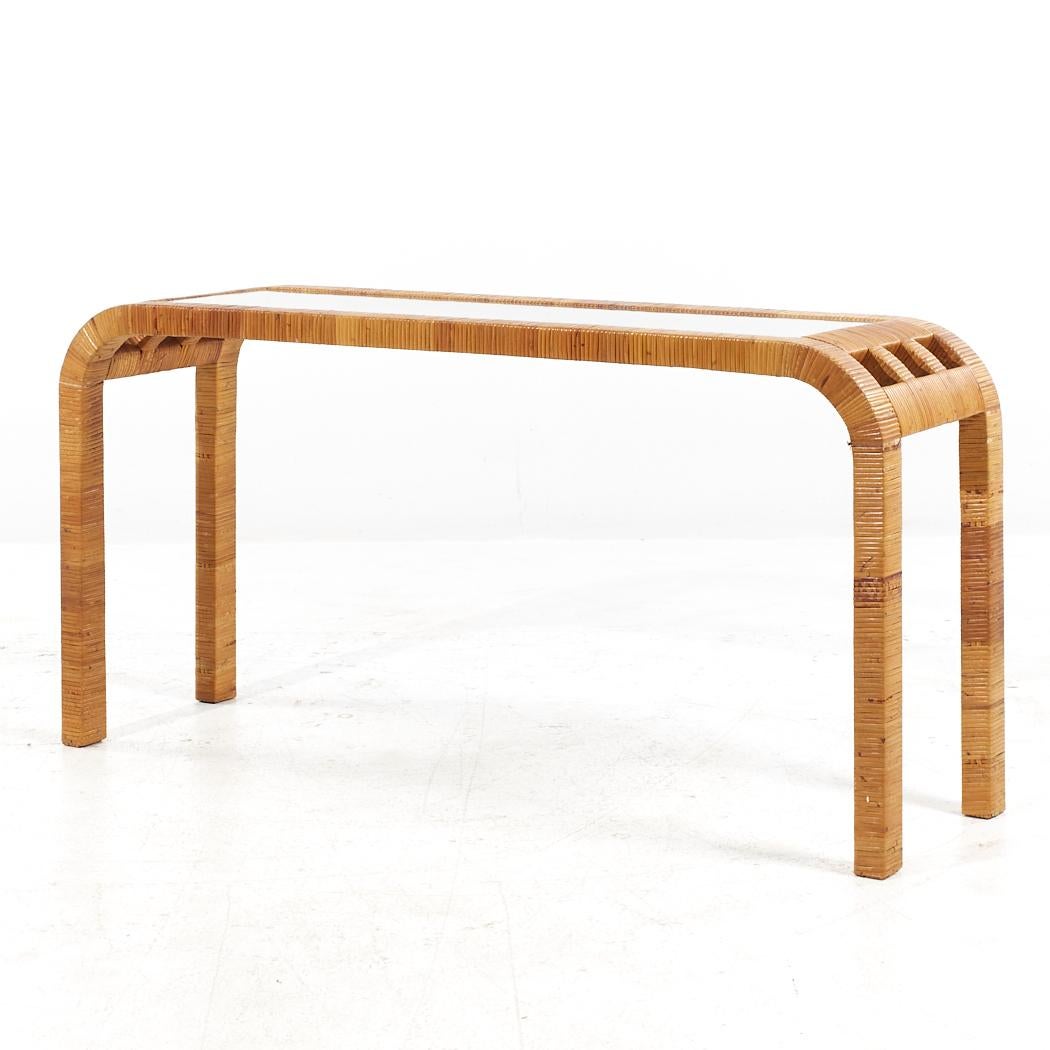 Mid-Century Modern Bielecky Brothers Mid Century Rattan Foyer Entry Console Sofa Table For Sale