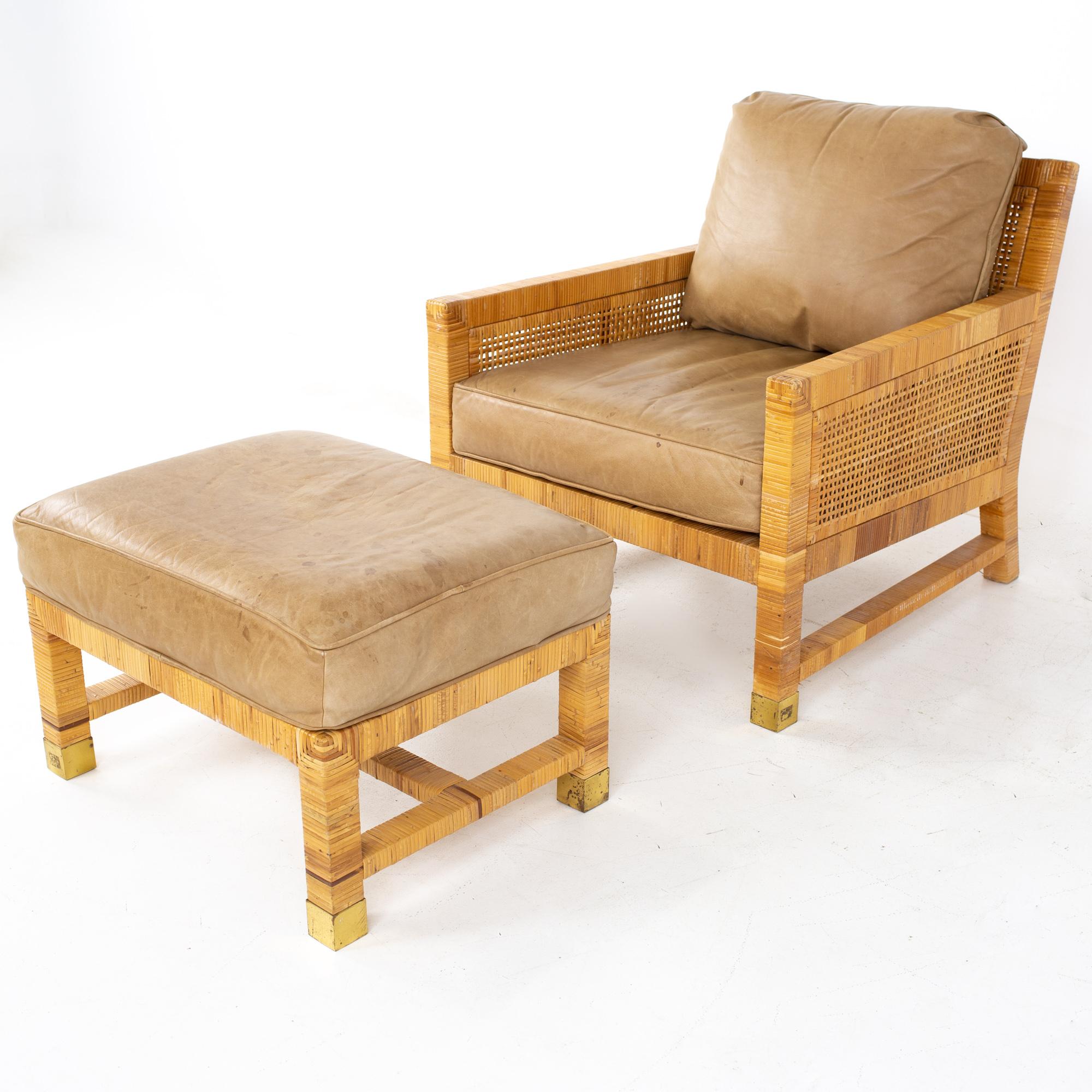 Bielecky Brothers Mid Century wicker chair and ottoman
Chair measures: 29 wide x 31 deep x 35 high, with a seat height of 17 inches and arm height of 21 inches
Ottoman measures: 26 wide x 19.5 deep x 16 inches high

All pieces of furniture can