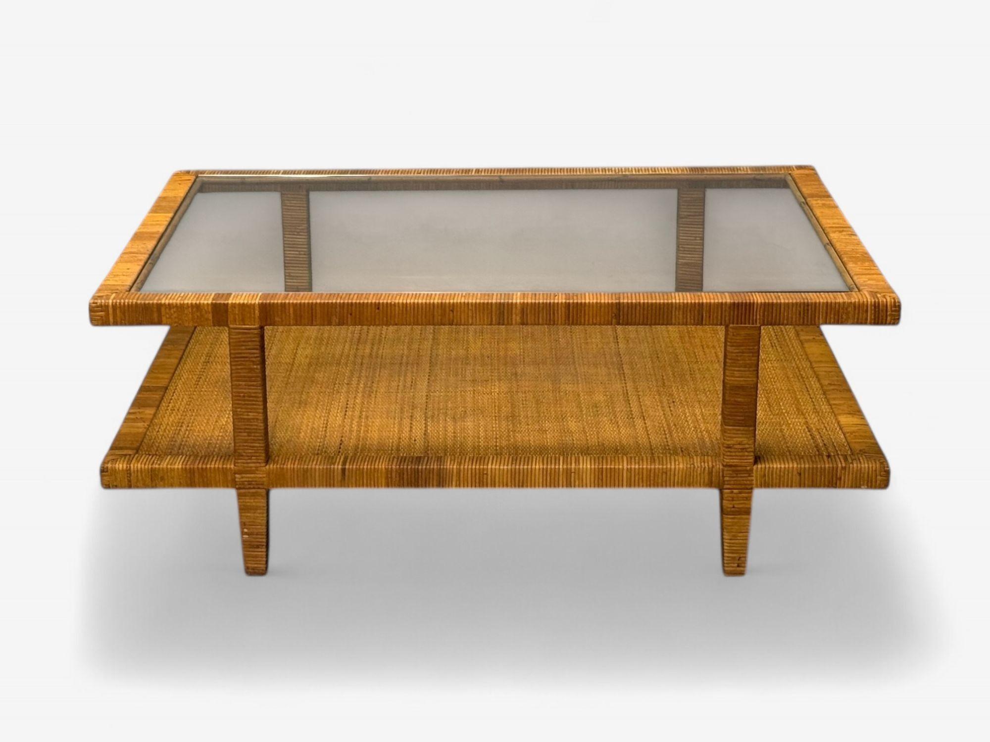 Bielecky Brothers, Moderner Couchtisch, Rohrgeflecht, Glas, USA, 21. (amerikanisch) im Angebot