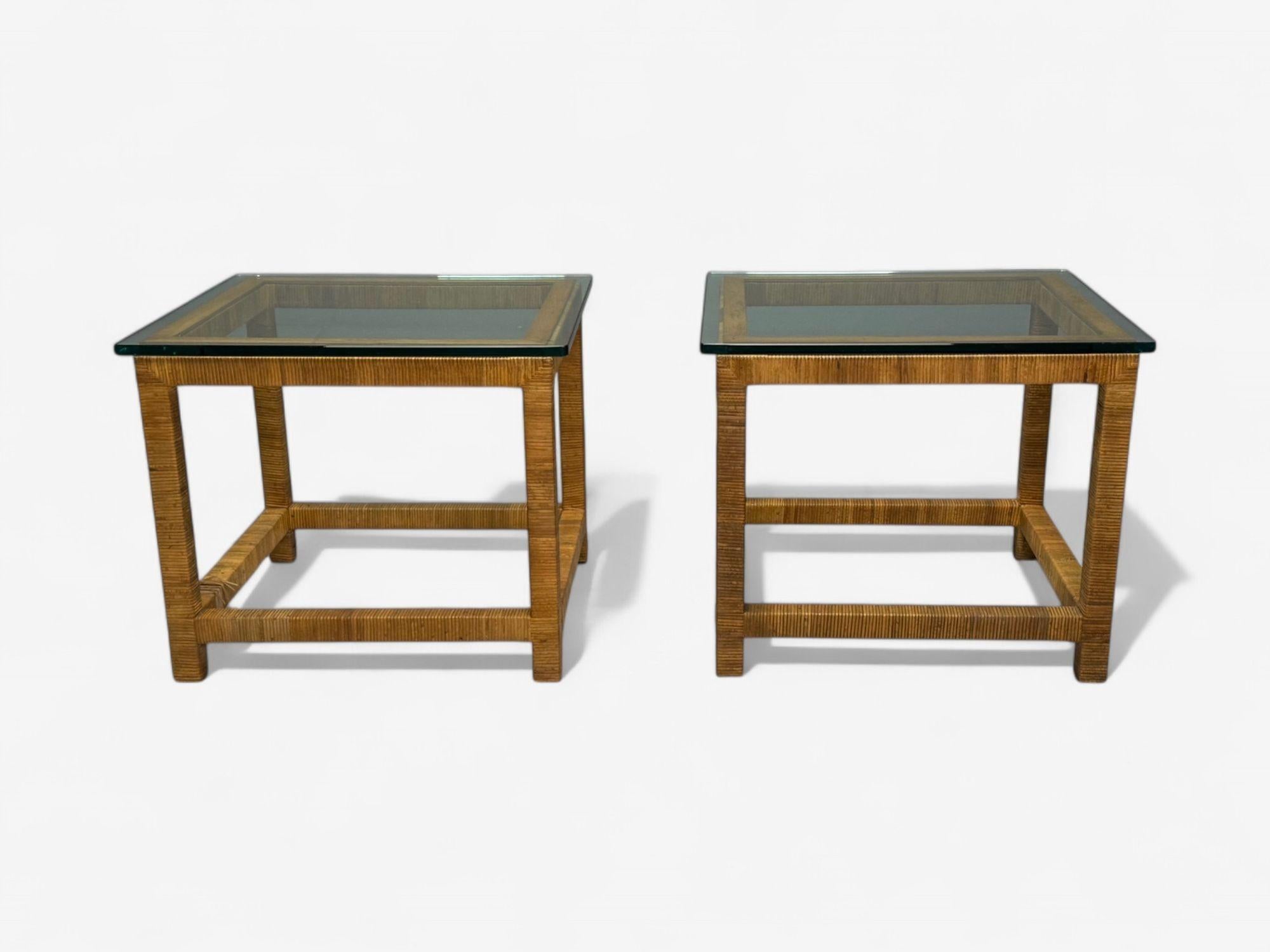 Bielecky Brothers, Moderne Beistelltische, Schilfrohr-Wickel, Glas, USA, 21. Jahrhundert. im Angebot 1