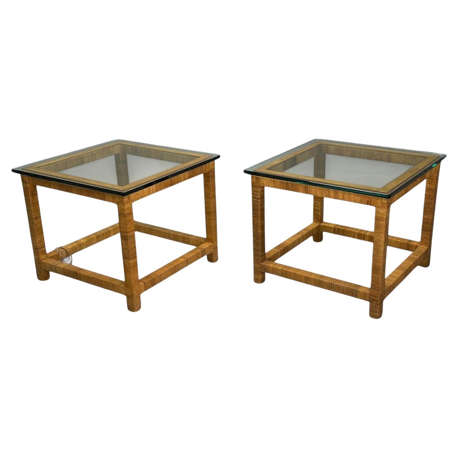Bielecky Brothers, Moderne Beistelltische, Schilfrohr-Wickel, Glas, USA, 21. Jahrhundert.