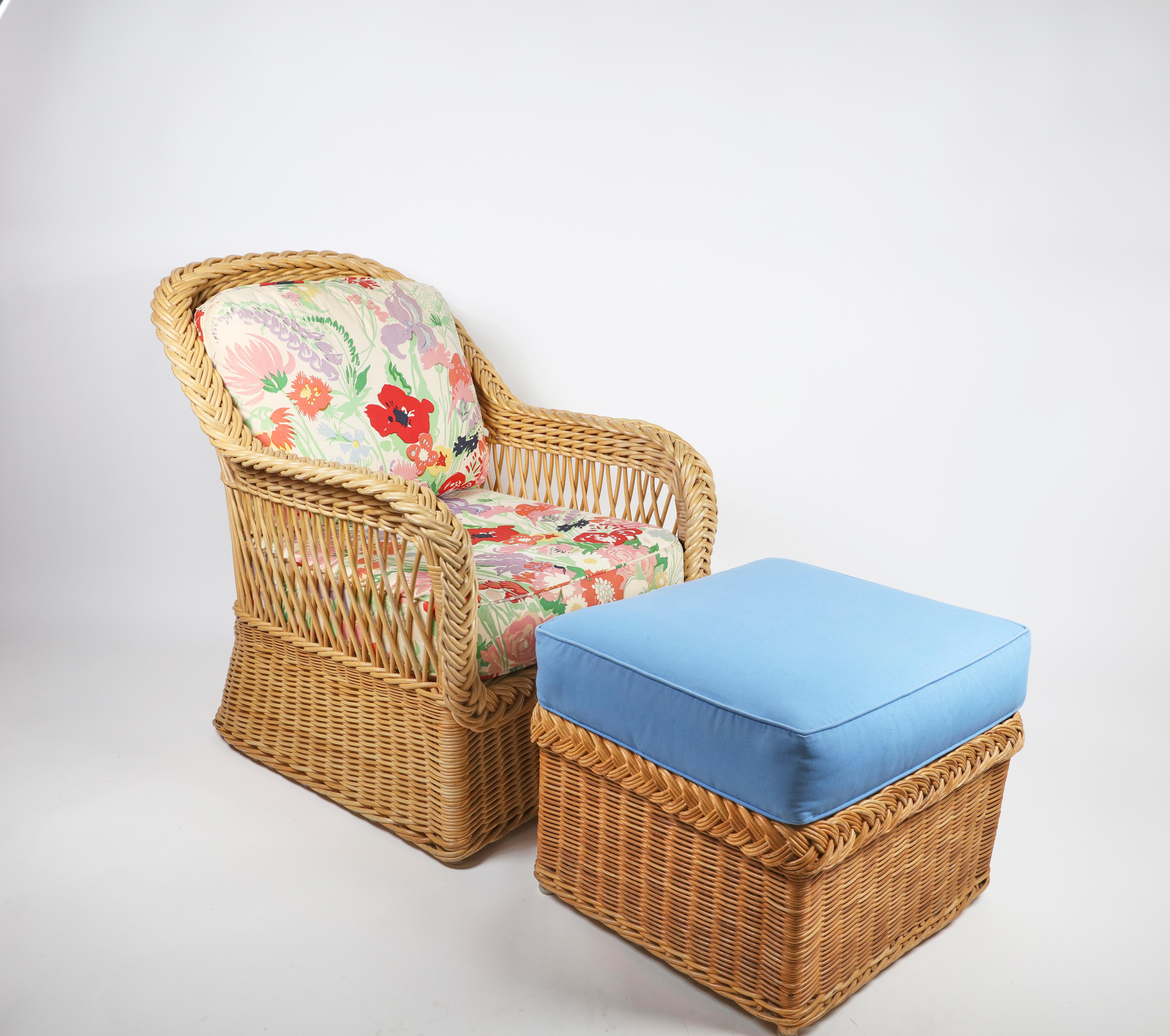 Bielecky Brothers rattan club chair and ottoman floral cushions with blue ottoman.

Measures: Chair 26