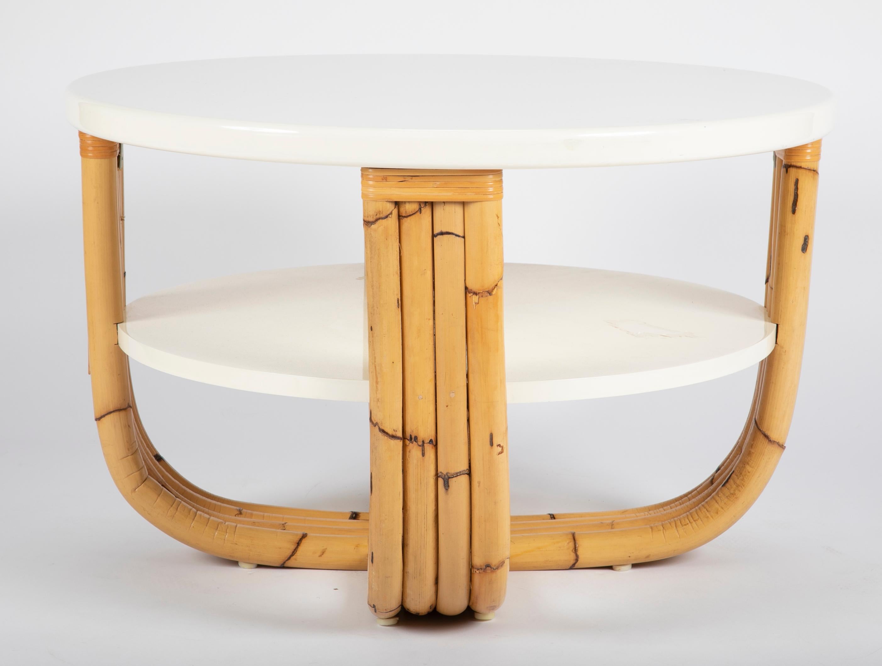 Bamboo Bielecky Brothers Rattan and Cream Lacquer Cocktail Table For Sale