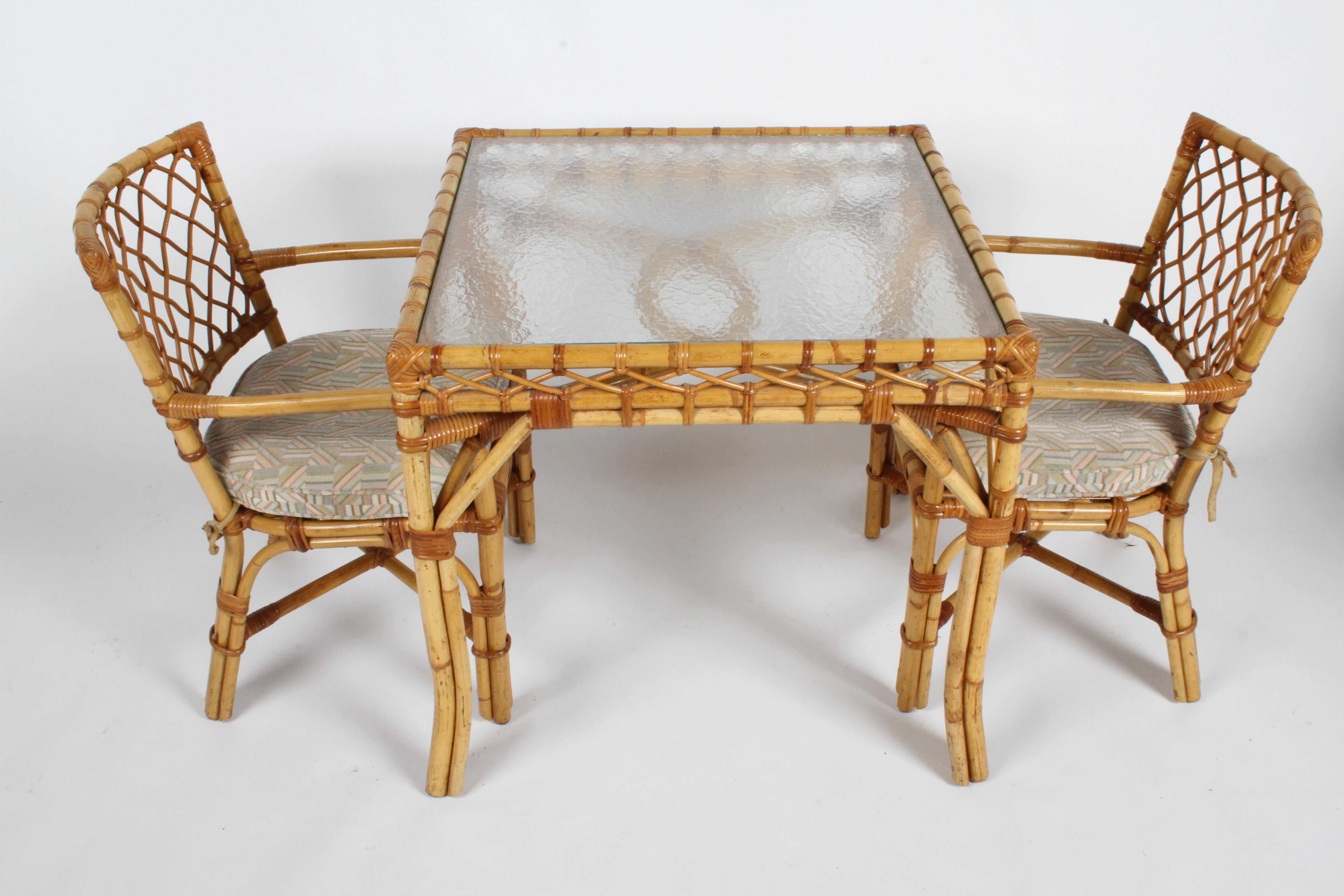 Hollywood Regency Bielecky Brothers Rattan and Glass Card / Dining Table with Two Armchairs